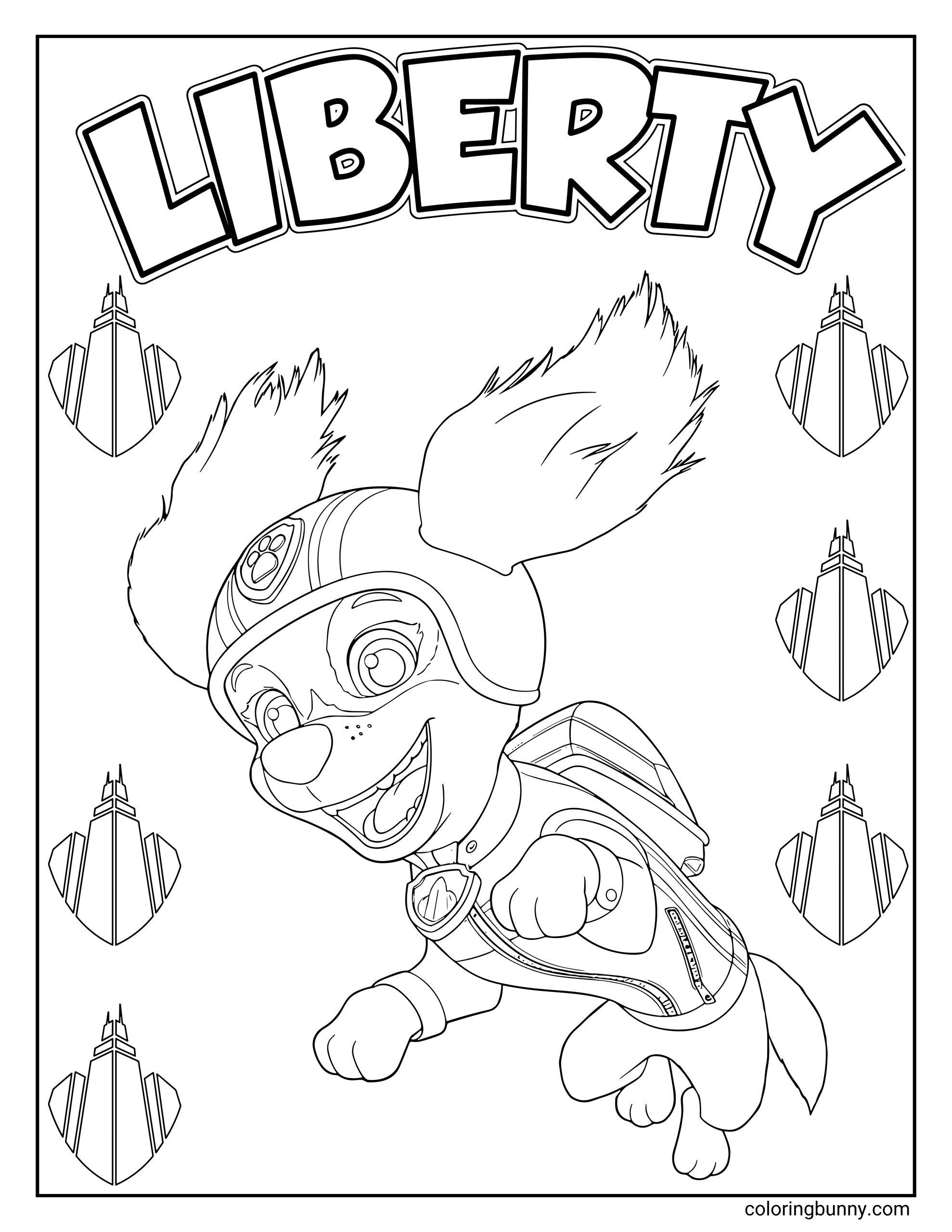 A Paw Patrol coloring page of Liberty, the energetic dachshund pup, jumping into action with a big smile and her city badge symbols around her.