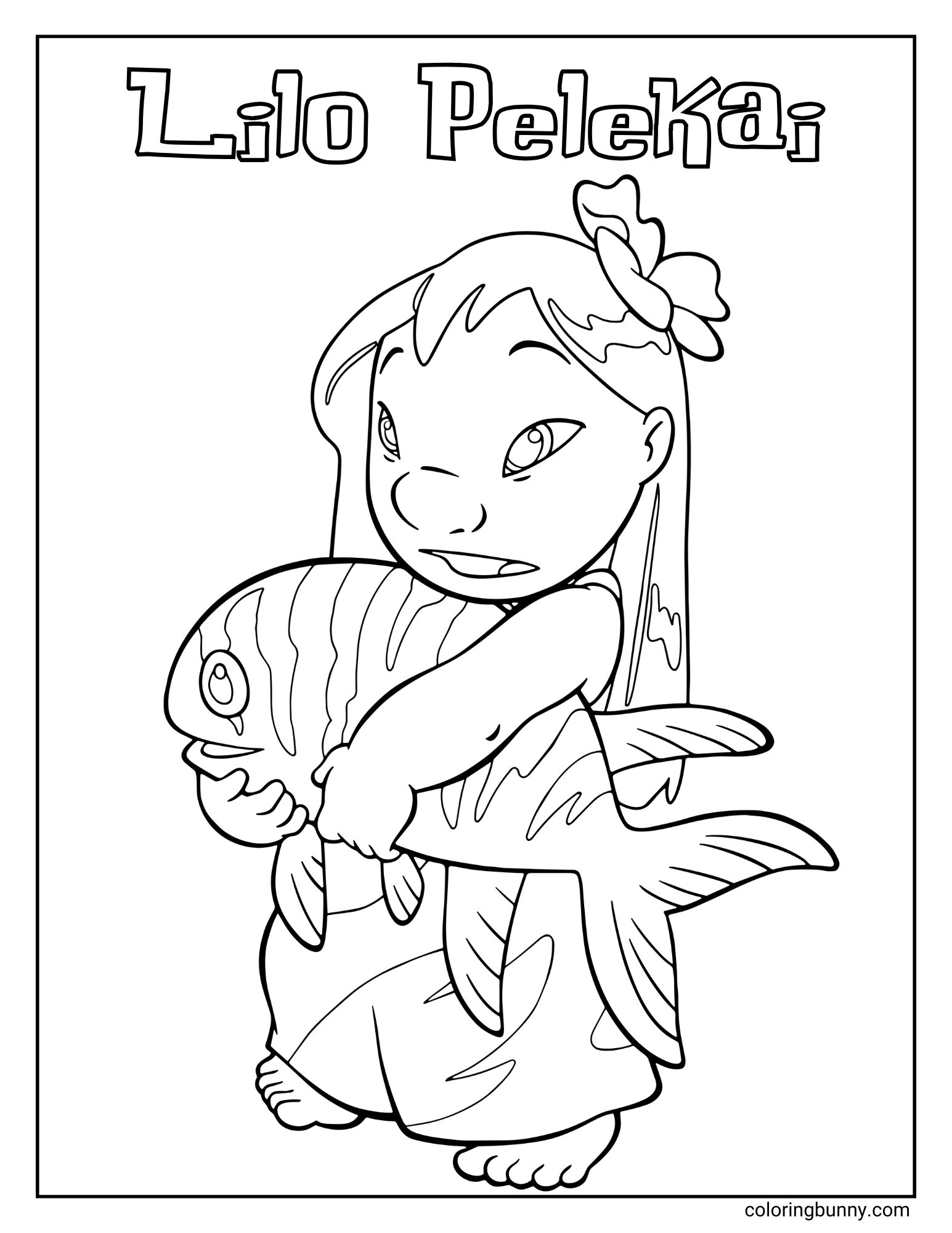 A Disney coloring page of Lilo Pelekai from Lilo & Stitch. She is standing with a determined expression while holding a very large, striped fish named Pudge in her arms. Her full name is written in large letters at the top of the page.