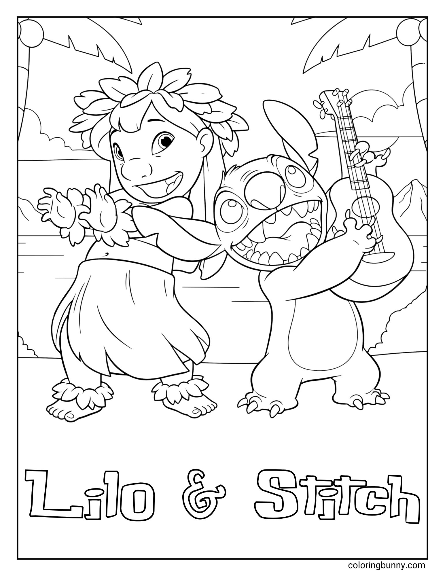 A Stitch Disney coloring page featuring Lilo and Stitch having a party on a Hawaiian beach. Lilo is happily dancing the hula in her grass skirt, while a very excited Stitch holds up a ukulele, ready to play. The text "Lilo & Stitch" is written at the bottom.