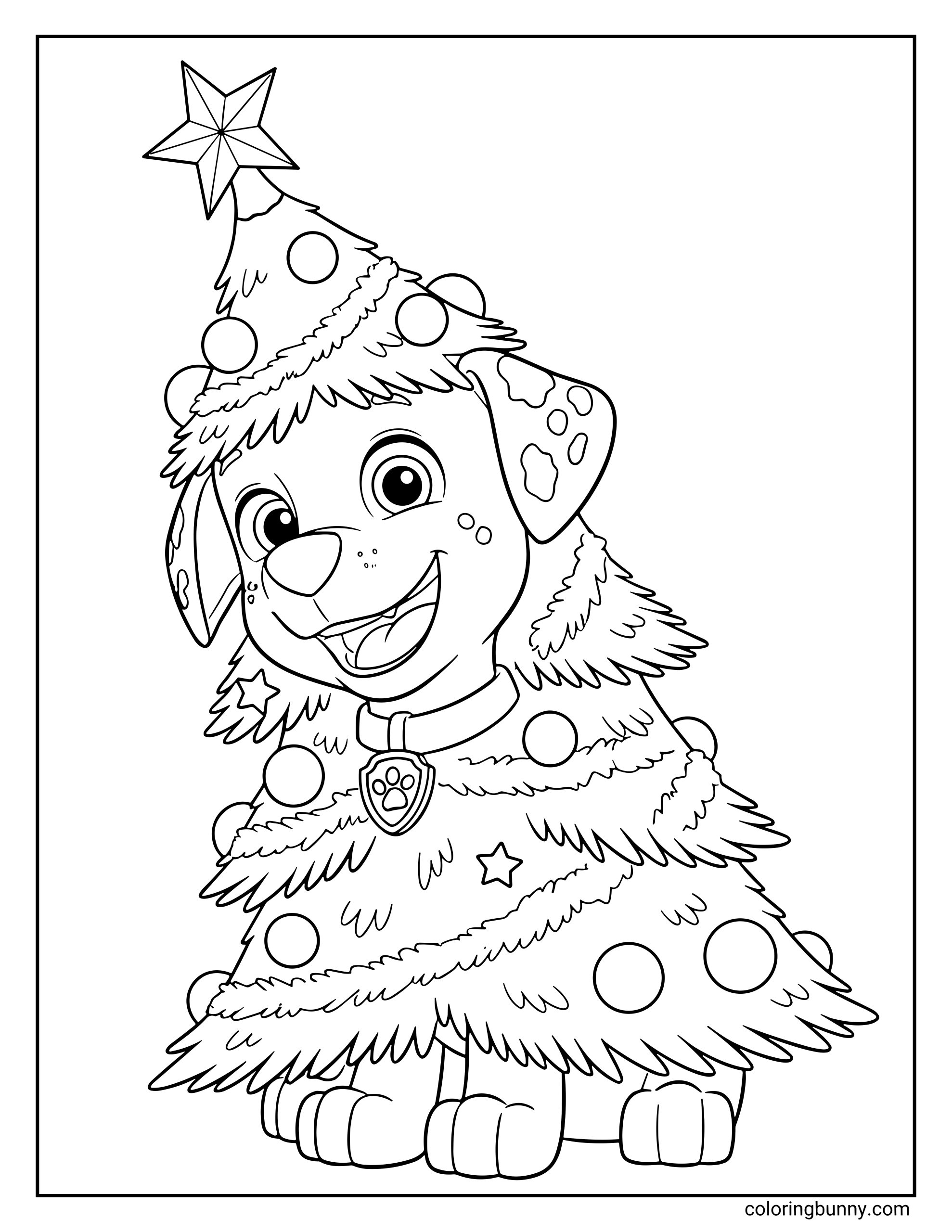 A Paw Patrol coloring page showing Marshall dressed up as a Christmas tree. He’s covered in ornaments, tinsel, and topped with a big star on his head. Marshall smiles brightly, full of festive holiday cheer.