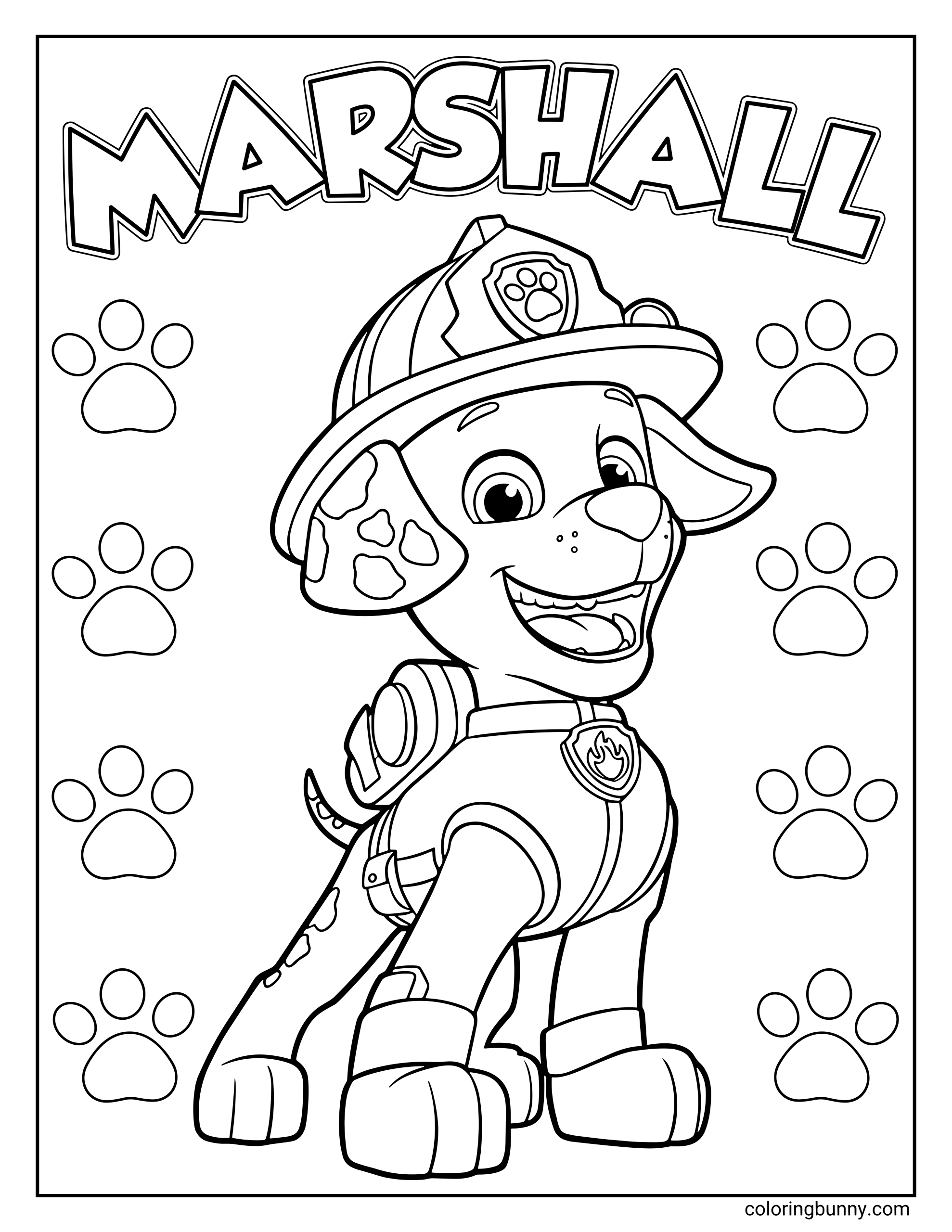 Coloring page of Marshall from Paw Patrol smiling happily in his firefighter helmet and rescue uniform, surrounded by paw prints and his name in bold letters at the top.