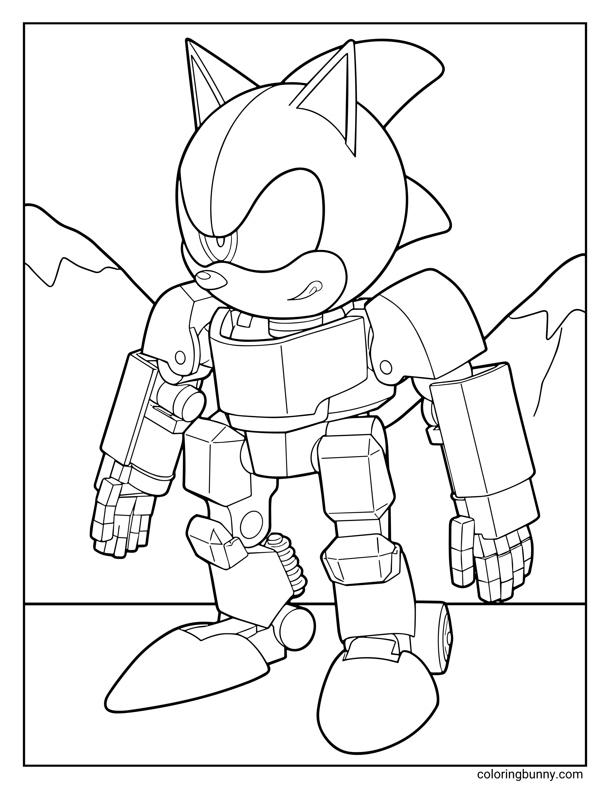 Mecha Sonic coloring page inspired by Sonic the Hedgehog 2 (1992). The robotic version of Sonic stands ready for battle with mechanical limbs, a shiny metal body, and mountains in the background.