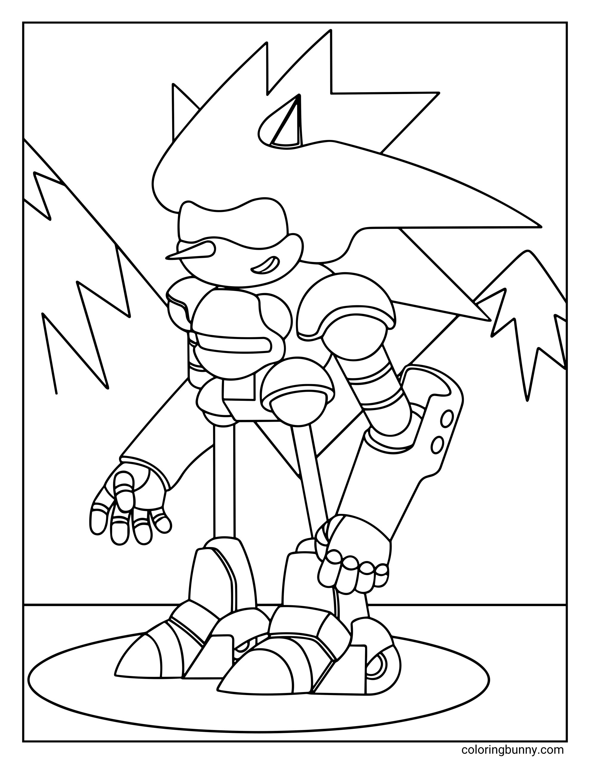 Mecha Sonic Mark II coloring page showing the advanced robotic version of Sonic standing on a metallic platform, surrounded by mountains in the background.