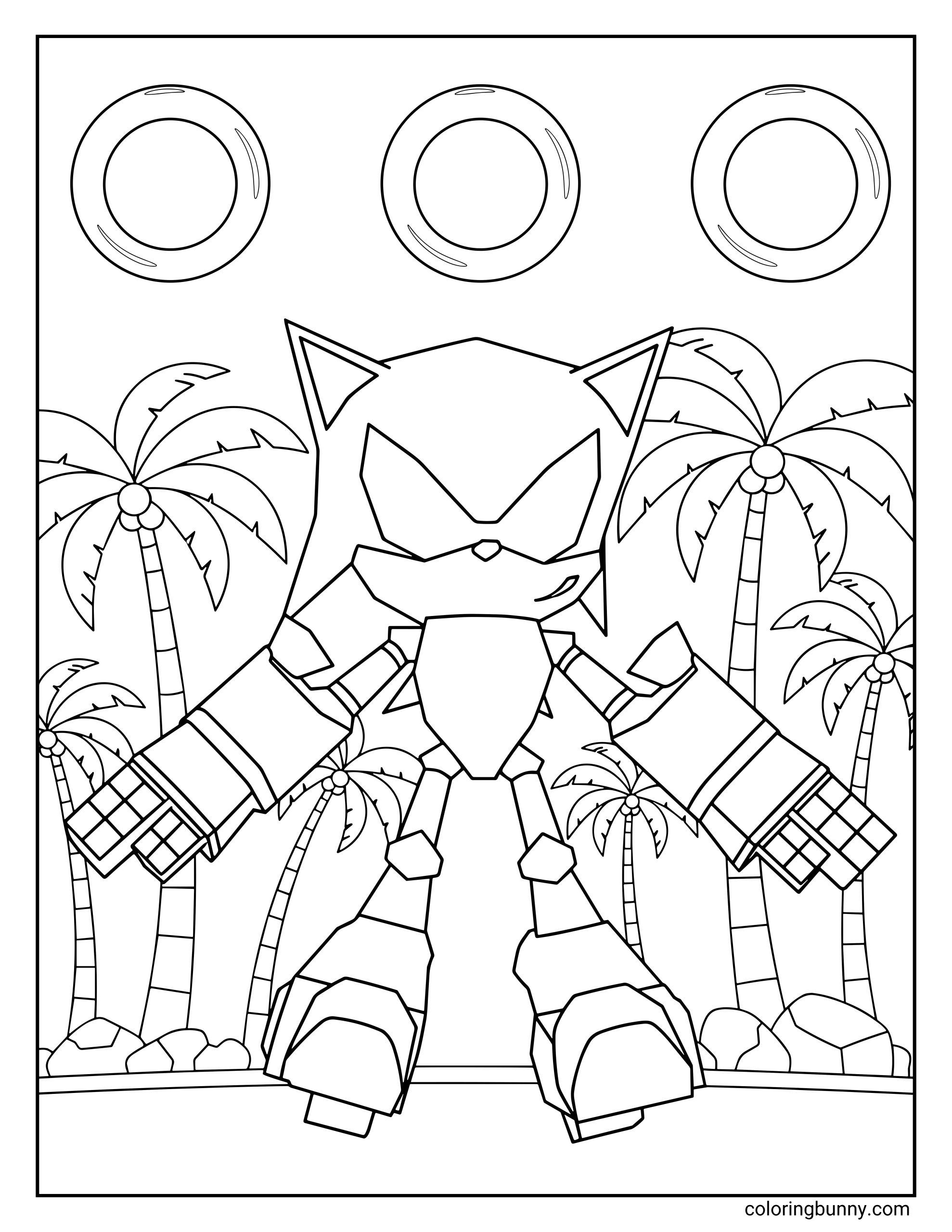 Mecha Sonic Mark III coloring page featuring a blocky, robotic Sonic standing on a tropical island with palm trees, large golden rings, and rocky terrain in the background.