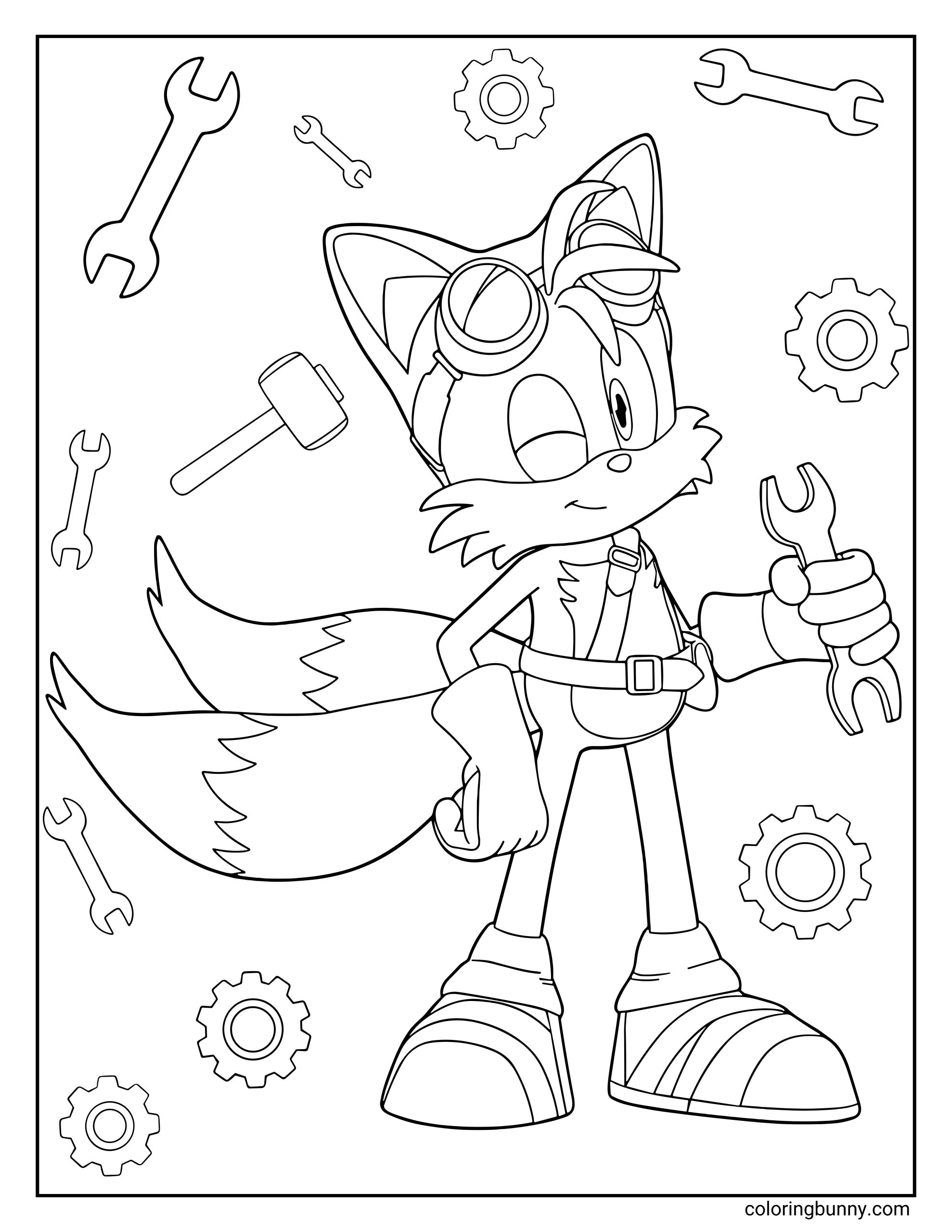 Tails the Fox coloring page featuring Tails as a mechanic, holding a wrench and wearing goggles on his head. The background is filled with tools like wrenches, gears, and a hammer.