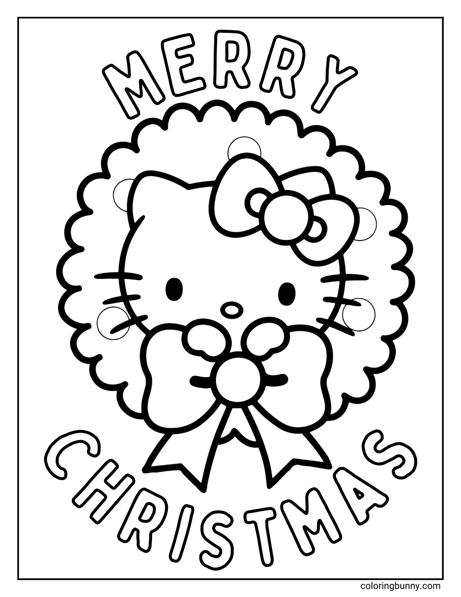 A Hello Kitty Christmas coloring page with the word "MERRY" at the top and "CHRISTMAS" at the bottom. The character Hello Kitty's face is in the center, framed by a festive wreath and a large bow.
