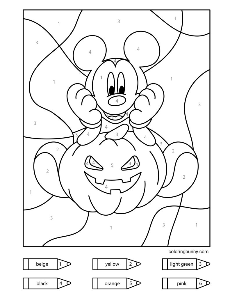 Mickey Mouse color-by-numbers Halloween coloring page featuring Mickey sitting behind a carved pumpkin with a playful grin. The numbered guide includes beige, yellow, light green, black, orange, and pink crayons.