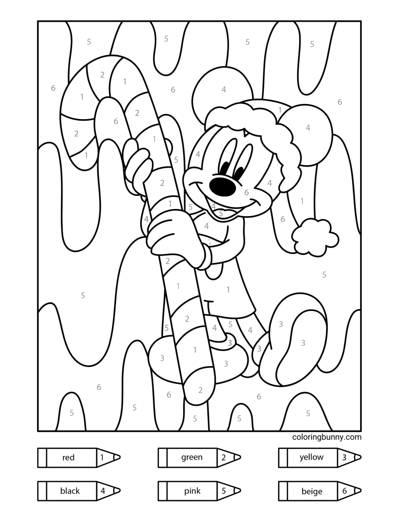 A color-by-number Christmas coloring page featuring Mickey Mouse wearing a Santa hat and holding a giant candy cane, surrounded by a festive wavy background.