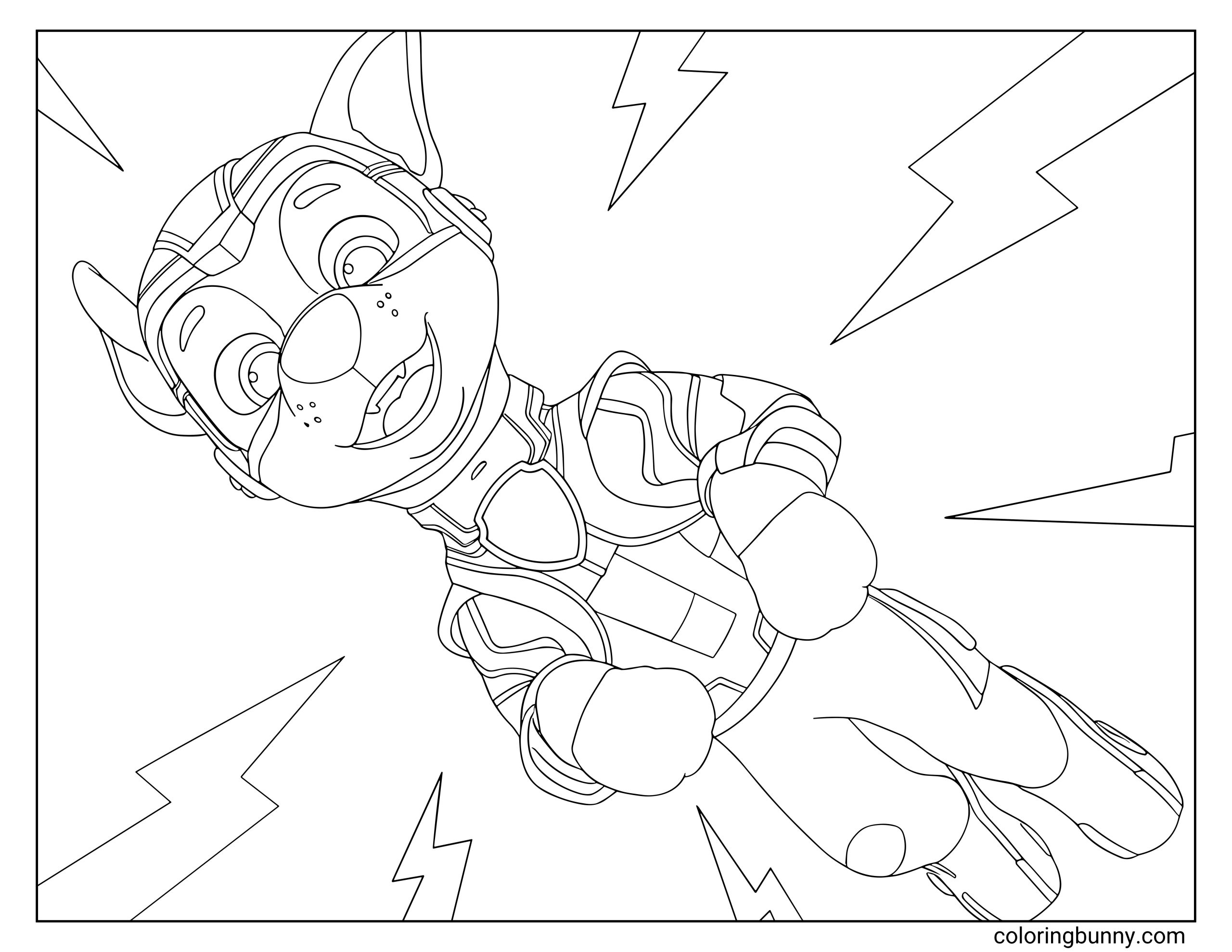 A Paw Patrol coloring page featuring Mighty Pups Chase in his superhero suit surrounded by lightning bolts. He’s flying forward with a confident smile, ready for action and adventure.