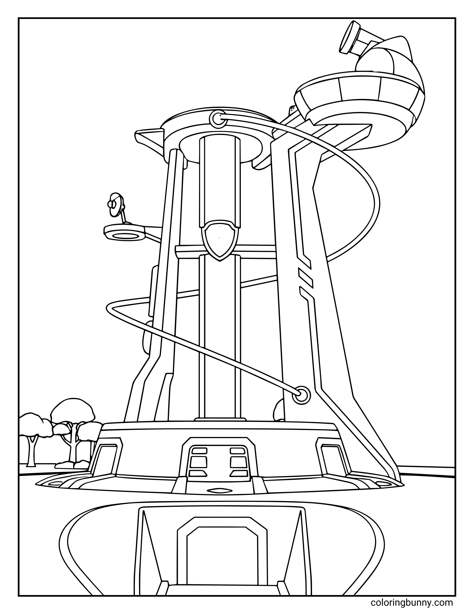 A Paw Patrol coloring page showing the Mighty Pups Lookout Tower with its spiral slide, observation deck, and shield emblem, surrounded by trees in Adventure Bay.