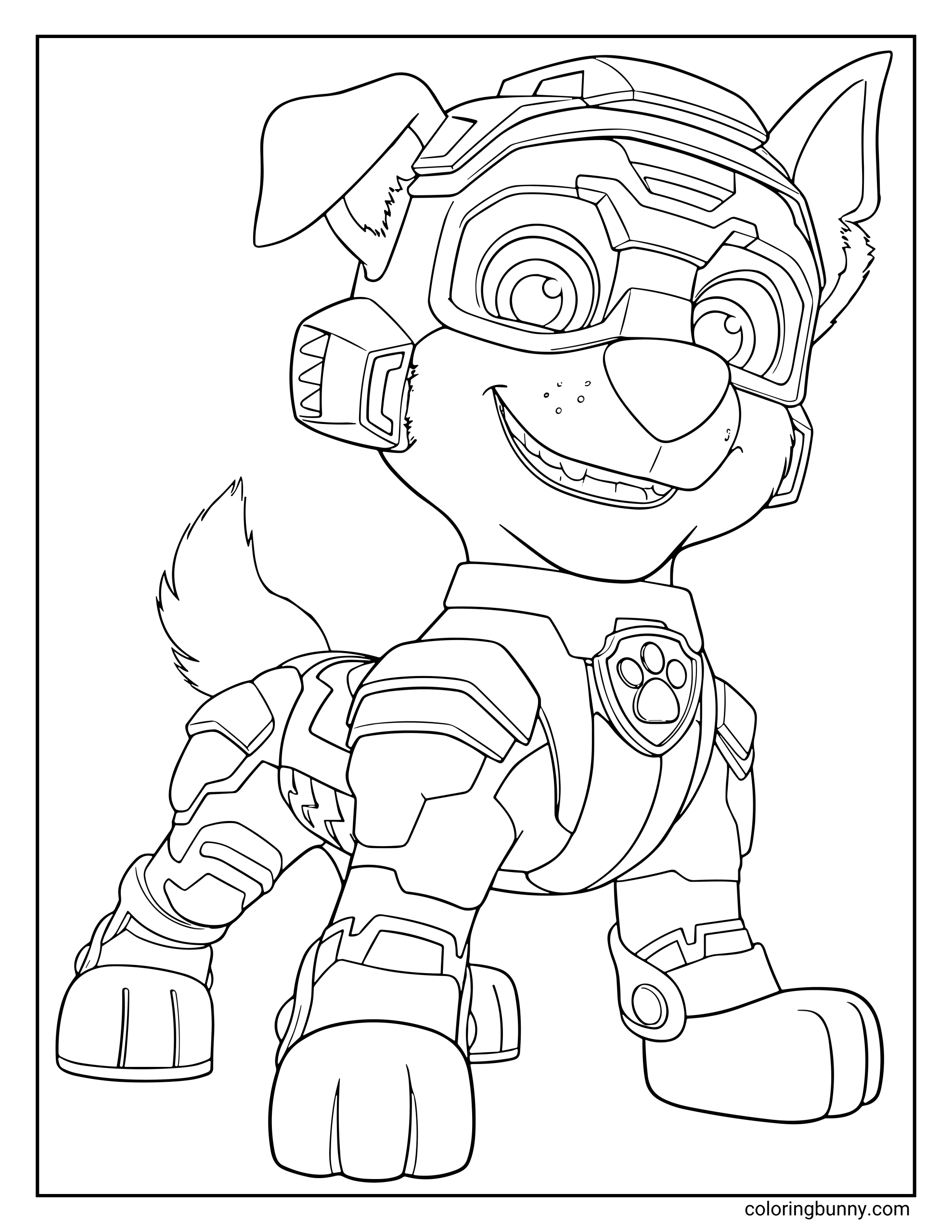 A Paw Patrol coloring page of Mighty Rocky wearing his high-tech superhero suit and goggles, smiling confidently and ready for action.