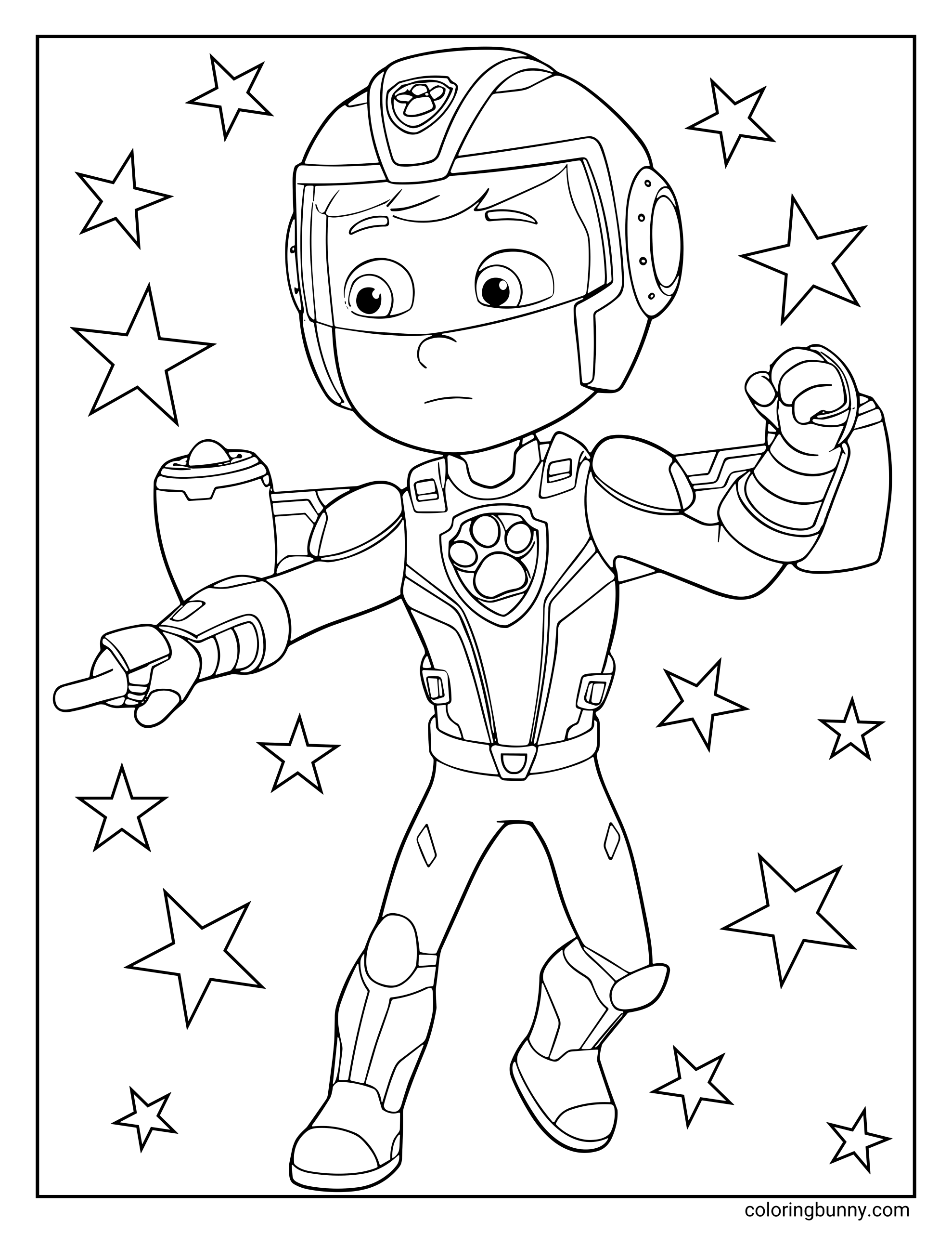 A Paw Patrol coloring page of Ryder in his Mighty Pups superhero suit, wearing a helmet and striking a confident pose surrounded by stars.