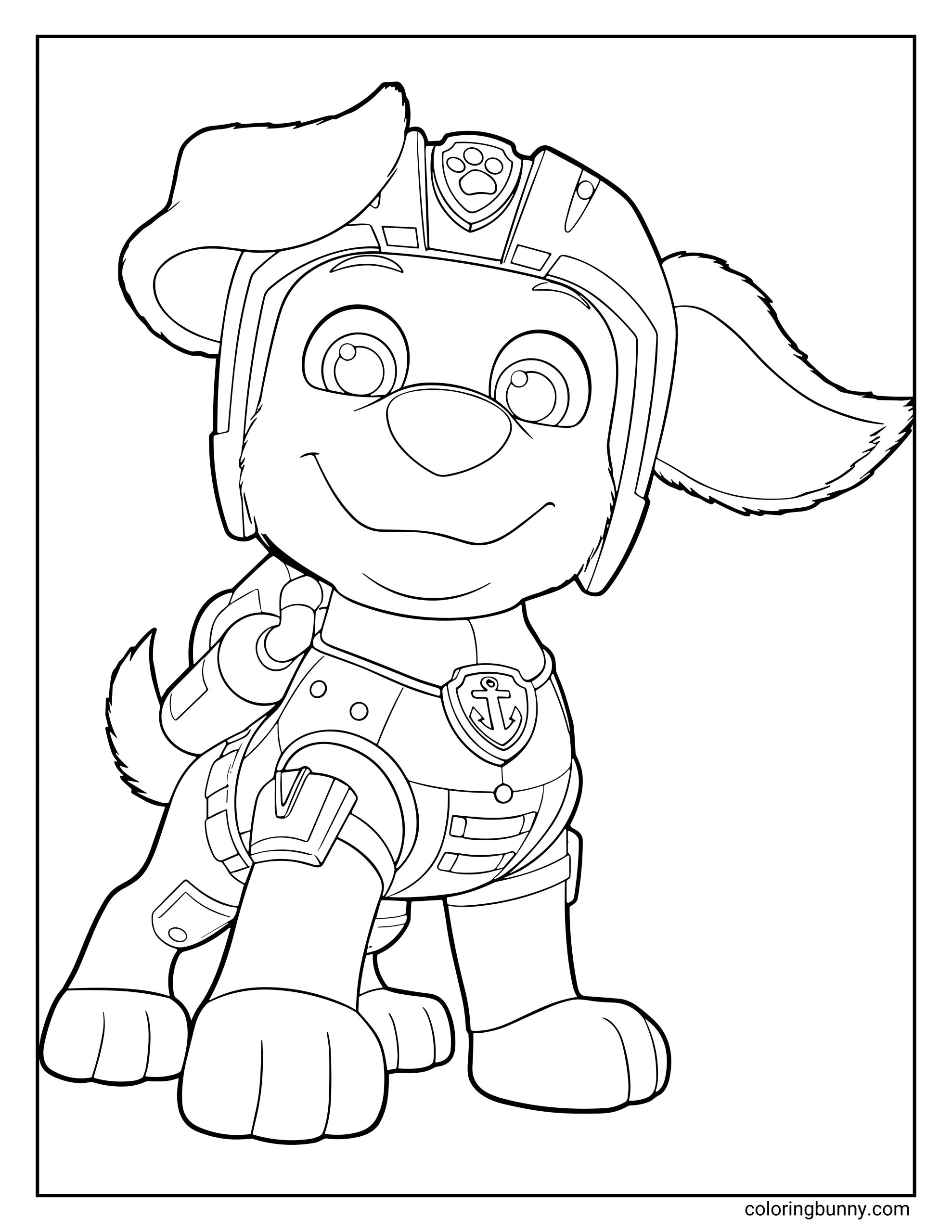 A Paw Patrol coloring page of Mighty Zuma wearing his superhero armor with an anchor badge, smiling bravely and ready for his next ocean rescue.
