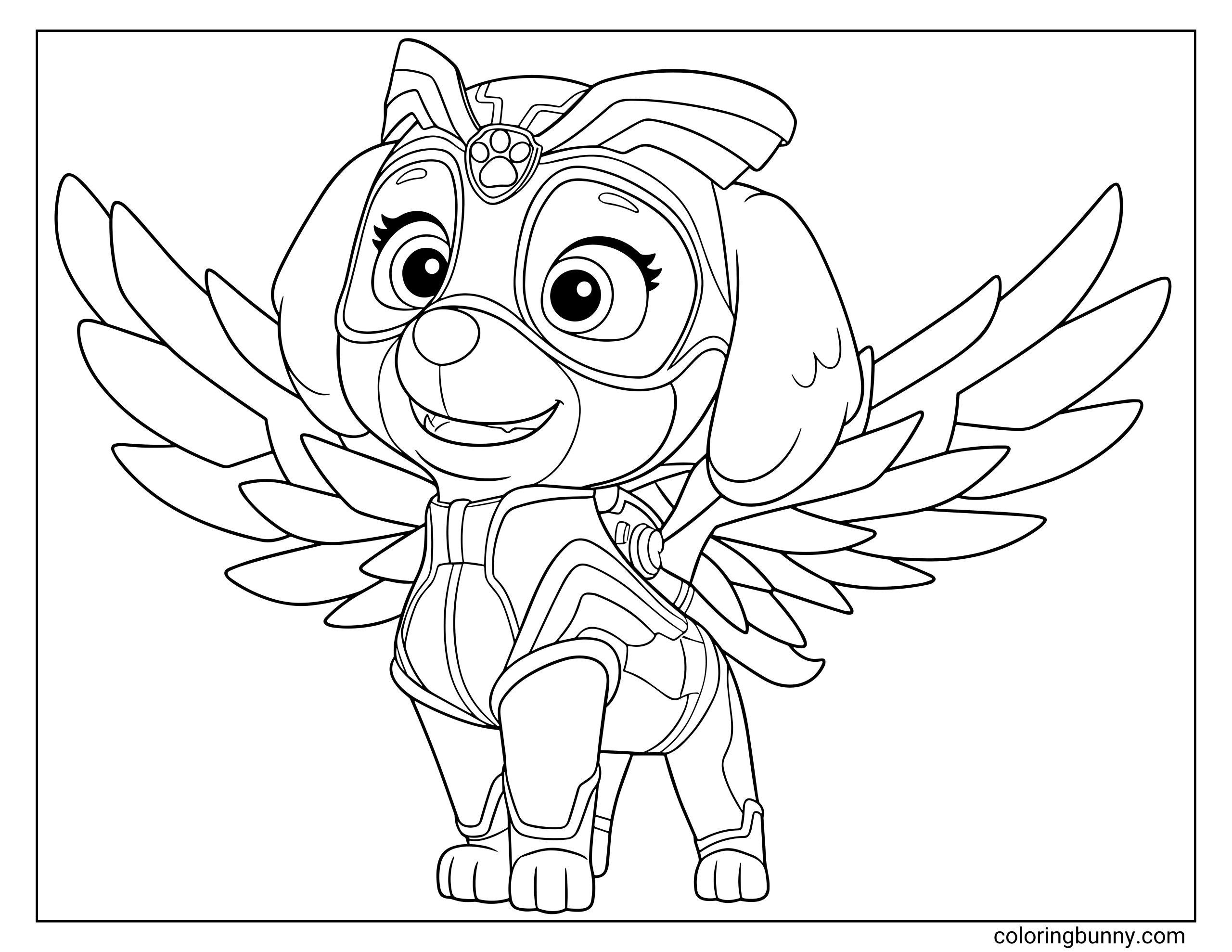 A Paw Patrol coloring page featuring Mighty Skye with her superhero wings spread wide. She’s wearing her power suit and smiling confidently, ready to soar into the sky.