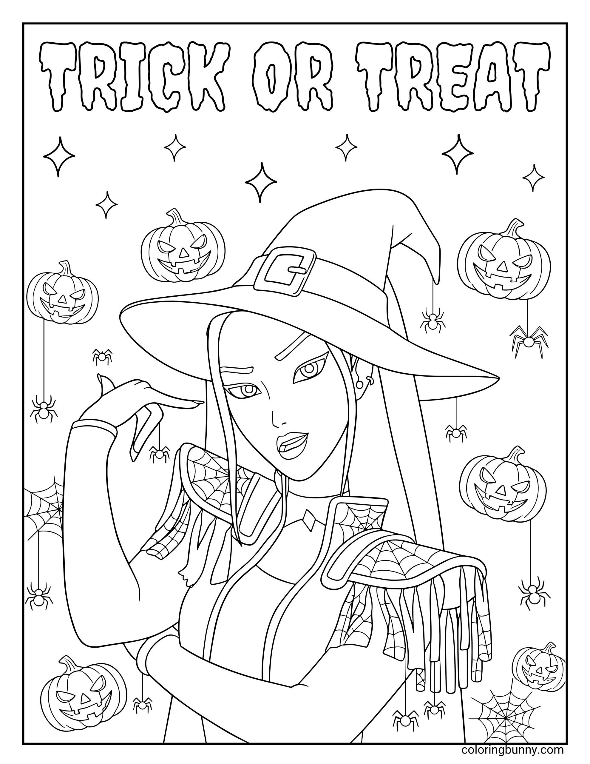 Coloring page of Mira from KPop: Demon Hunters dressed as a witch for Halloween, wearing a pointed hat and webbed shoulder cape, surrounded by jack-o’-lanterns, spiders, and stars with the words “Trick or Treat” at the top.