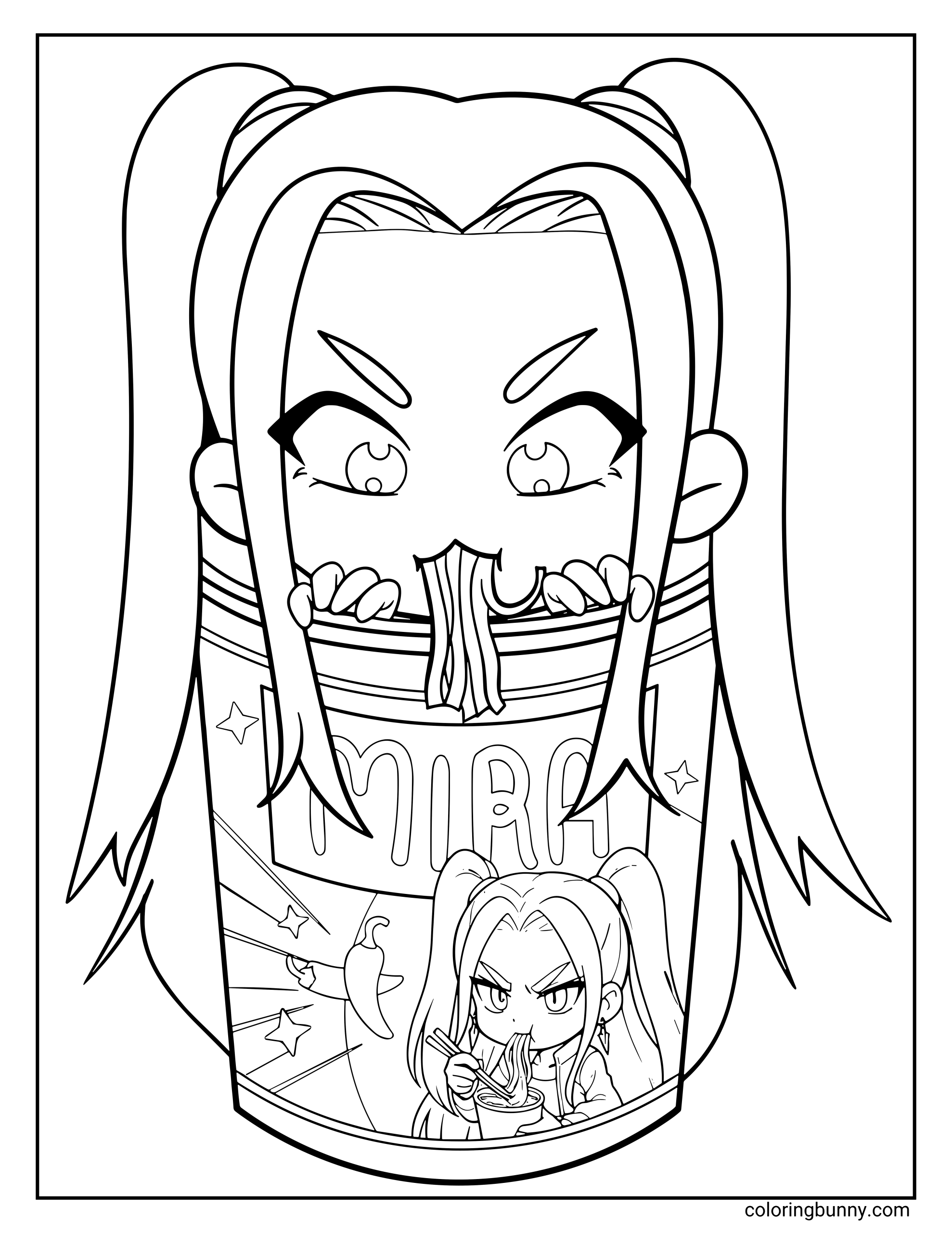 Chibi-style coloring page of Mira from KPop: Demon Hunters, peeking out of a noodle cup labeled “MIRA” while eating ramen, with stars and a chili pepper design on the cup.