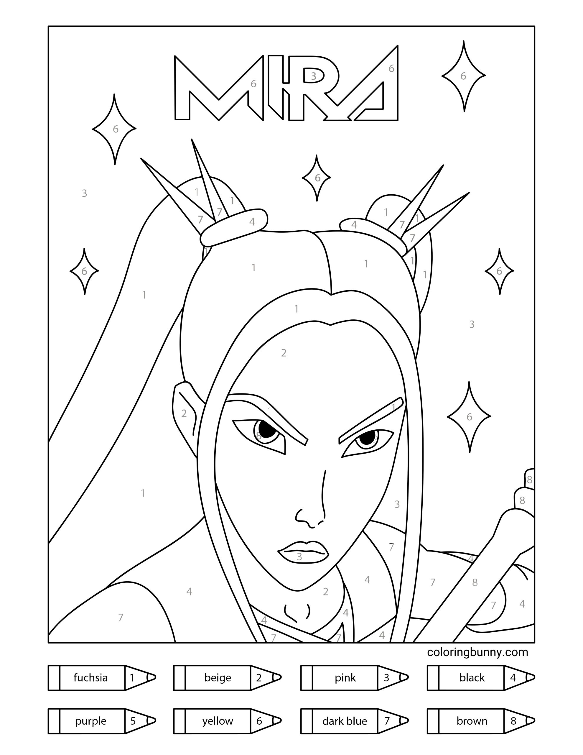 Mira color-by-number page from KPop Demon Hunters, featuring a fierce expression with long hair tied in spiked buns, holding a staff and surrounded by glowing star shapes. Includes a numbered color guide with tones like fuchsia, dark blue, and yellow.