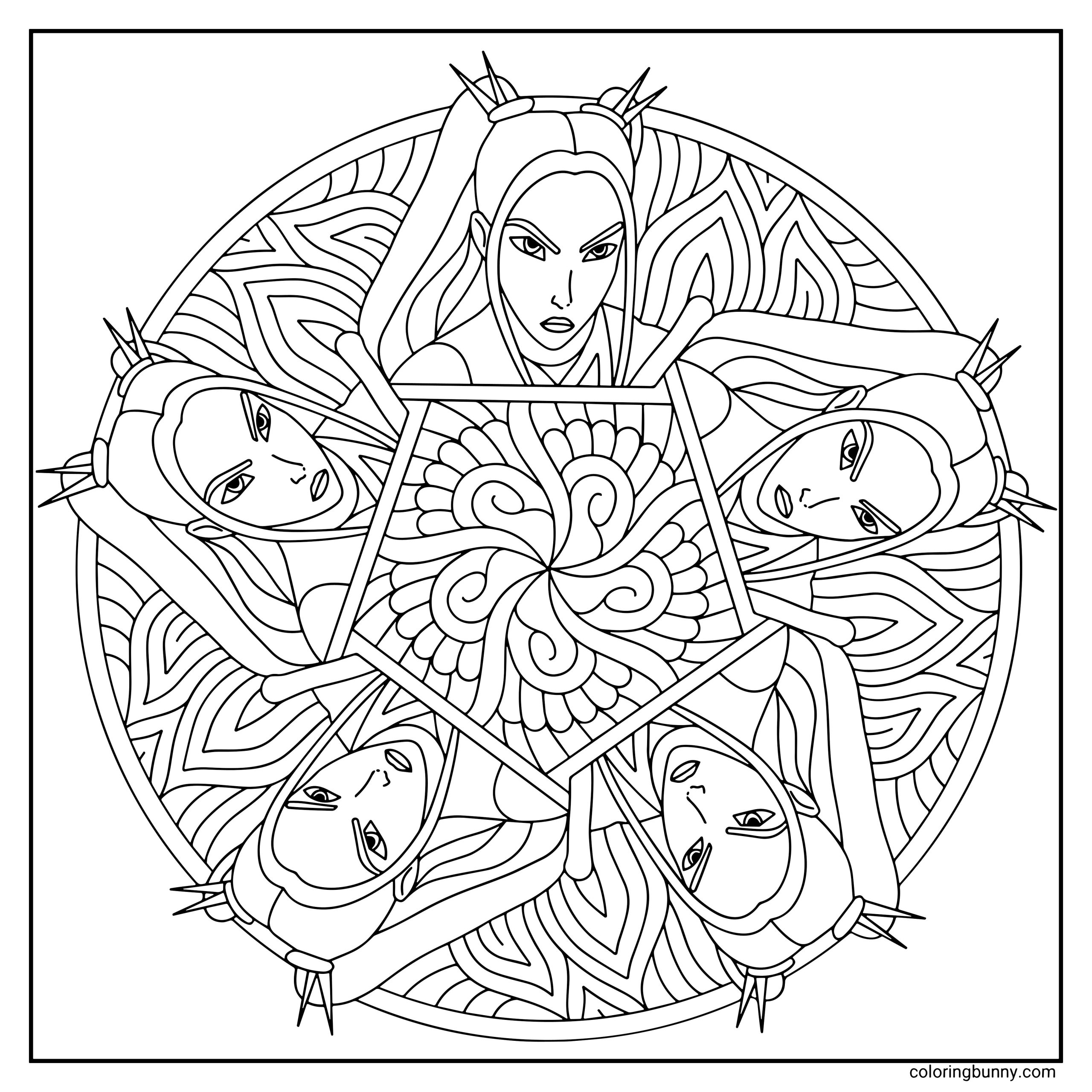 A KPop Demon Hunters mandala coloring page featuring five symmetrical portraits of Mira. Each portrait shows Mira in an intense, powerful pose, framed by intricate braids and surrounded by swirling mandala patterns. The central part of the design features a hexagonal shape with a spiraling floral pattern.