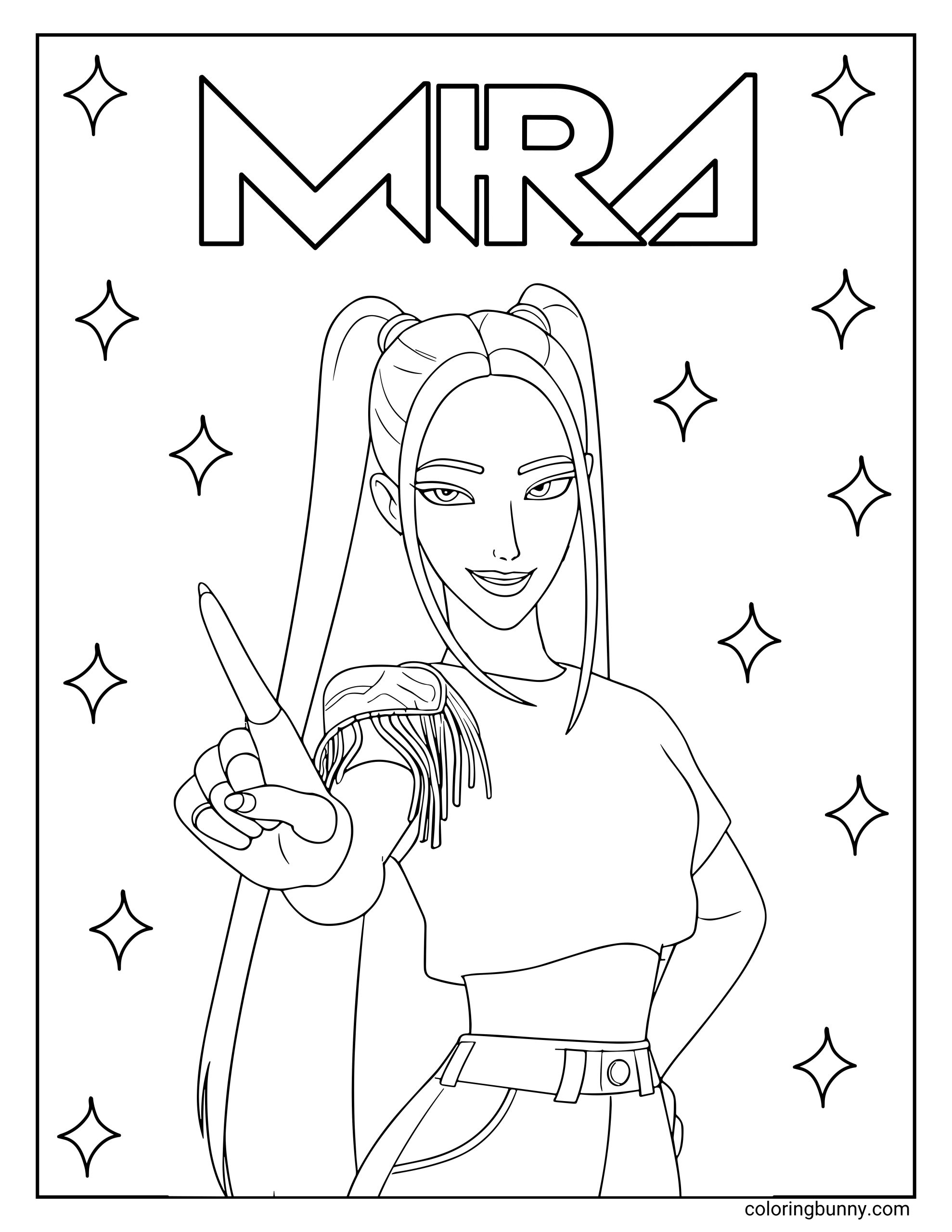 Coloring page of Mira from KPop: Demon Hunters, posing confidently with one hand pointing forward, wearing a cropped top, and tassel details on one shoulder. Her name “MIRA” and sparkles appear in the background.