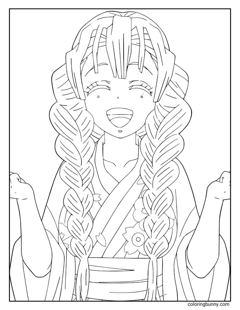 This coloring page design features Mitsuri Kanroji, the Love Hashira from Demon Slayer: Kimetsu no Yaiba, smiling brightly with her eyes closed and hands raised in excitement. She’s shown with her signature long braided hair, floral-patterned kimono, and joyful expression that captures her warm and caring personality. The clean black-and-white line art highlights her detailed outfit and lively charm, perfect for creative coloring and shading.