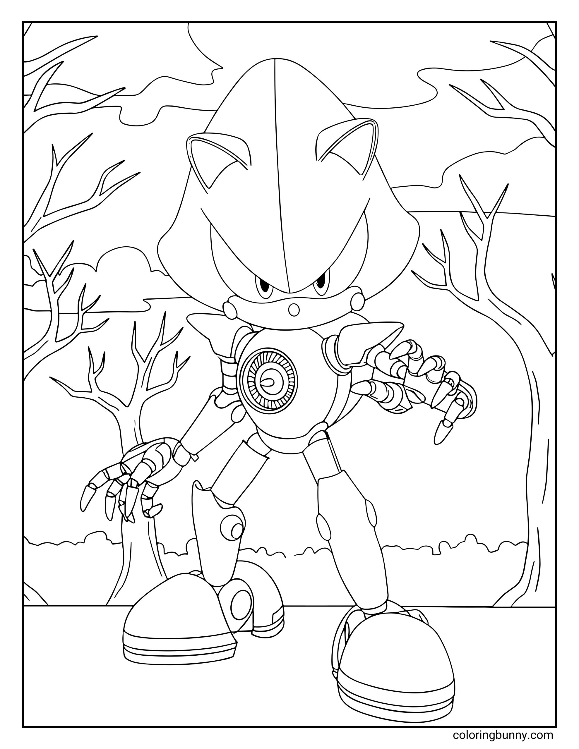 Movie Metal Sonic coloring page featuring the robotic version of Sonic standing in a spooky, barren landscape with twisted trees and cloudy skies. His mechanical claws are raised, glowing core exposed, and eyes locked in an intense glare.