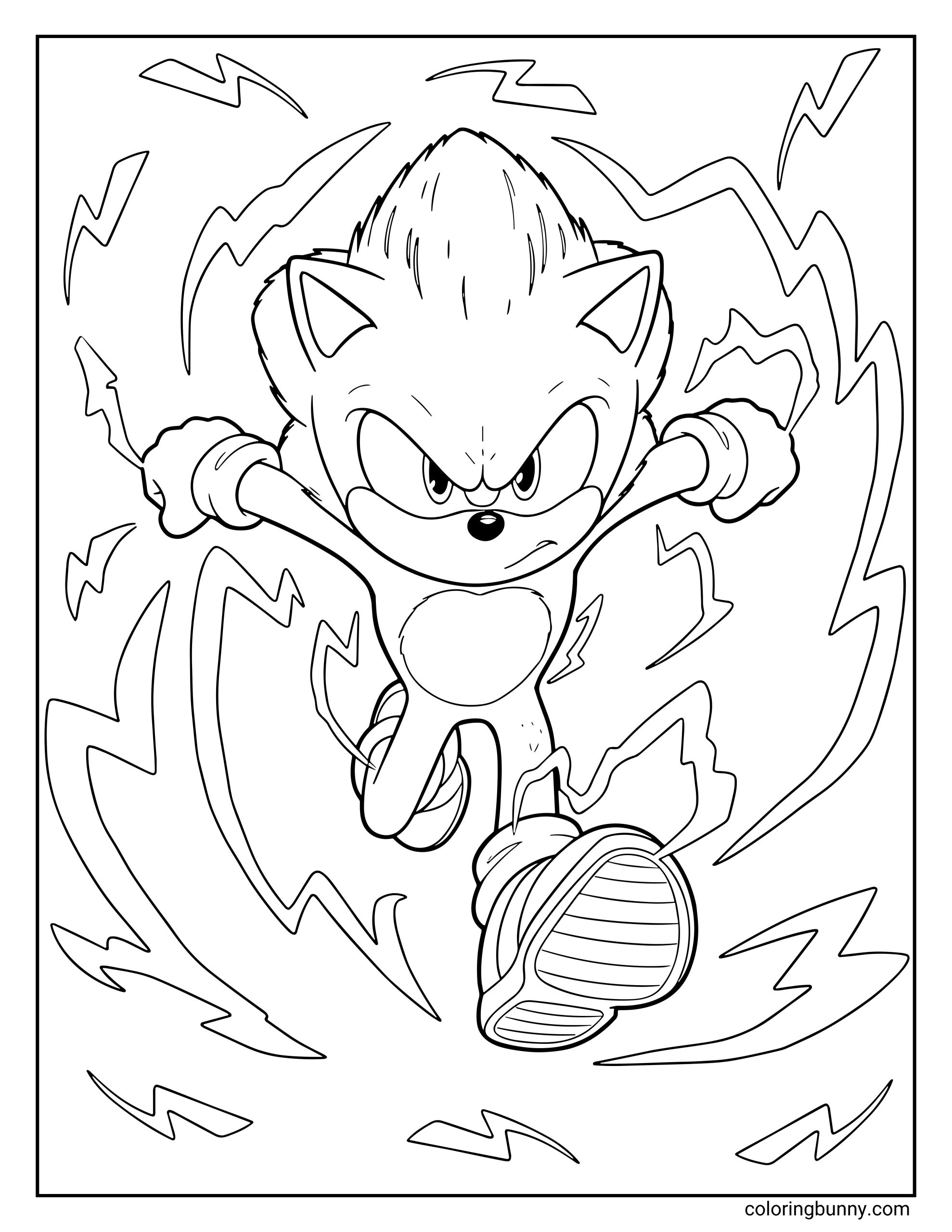 Sonic the Hedgehog coloring page featuring movie-style Sonic surrounded by crackling lightning bolts. He’s leaping forward with fierce determination, his quills charged with electric energy and his sneakers glowing with speed.