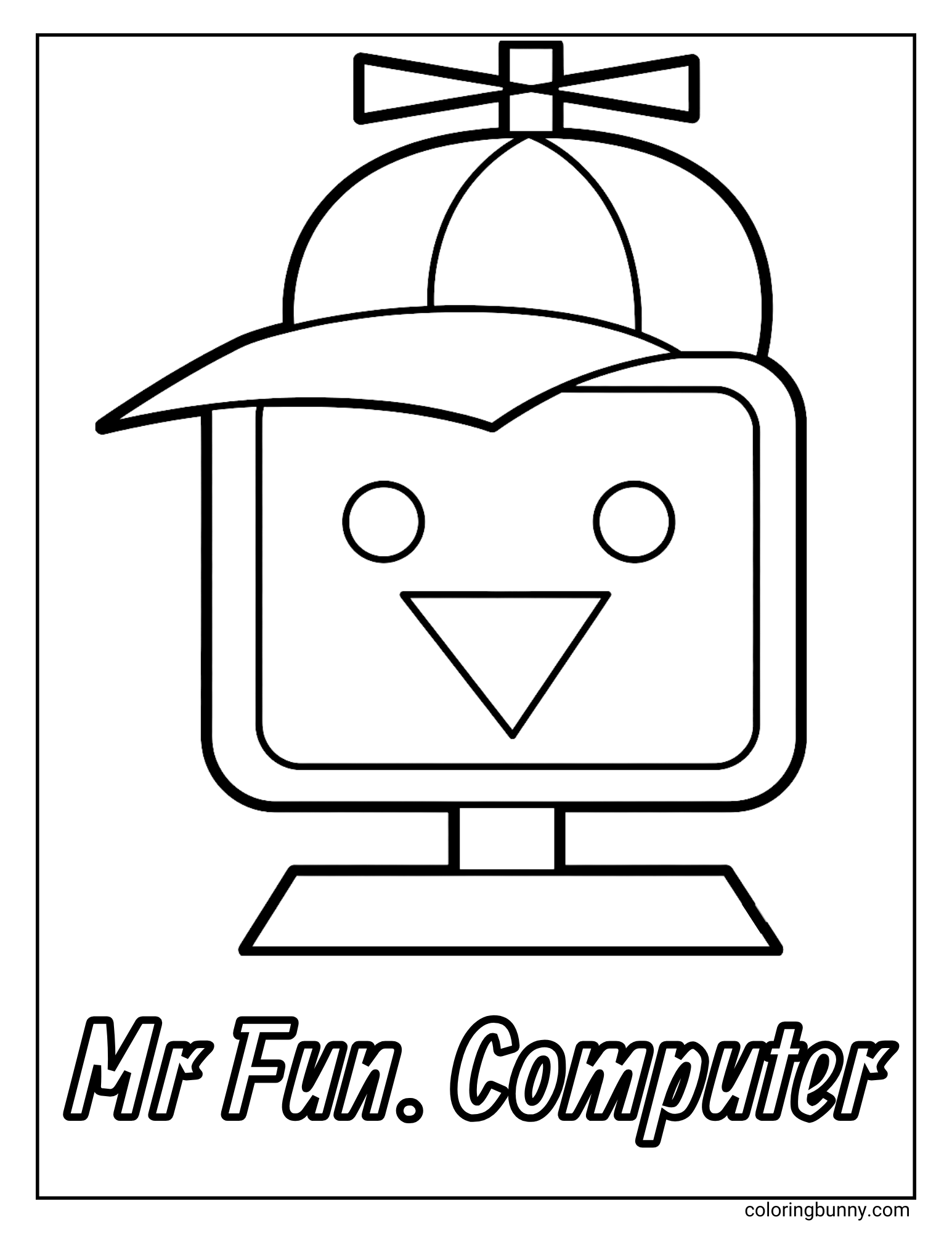 A simple coloring page of the Sprunki character named 'Mr Fun. Computer'. He is a friendly cartoon computer monitor with a happy face on his screen and is wearing a funny propeller beanie hat. His name is written at the bottom.