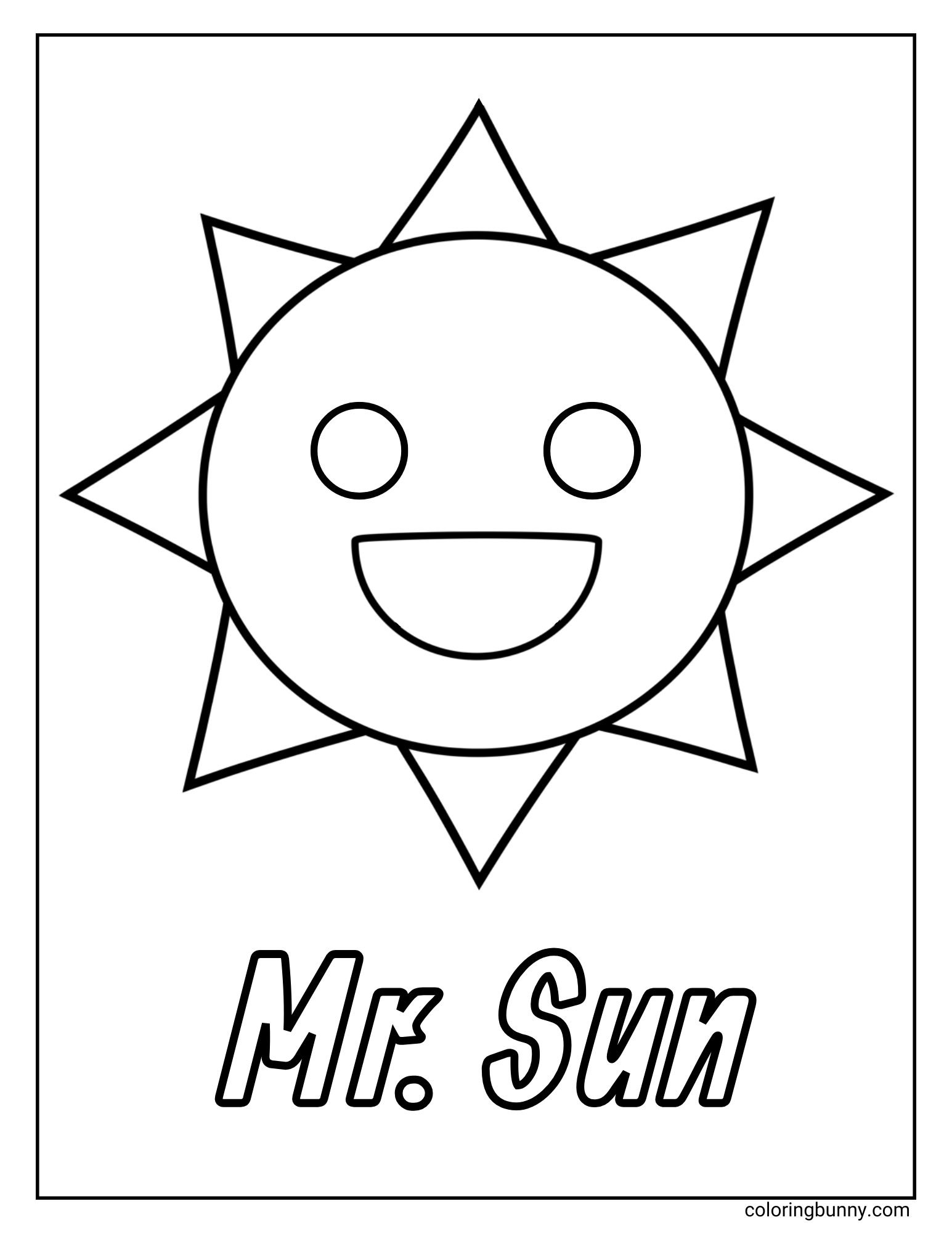 A simple and happy coloring page of the Sprunki character named Mr. Sun. Mr. Sun is a cartoon sun with a big, cheerful, open-mouthed smile and triangular sunbeams. His name is written in large letters at the bottom of the page.