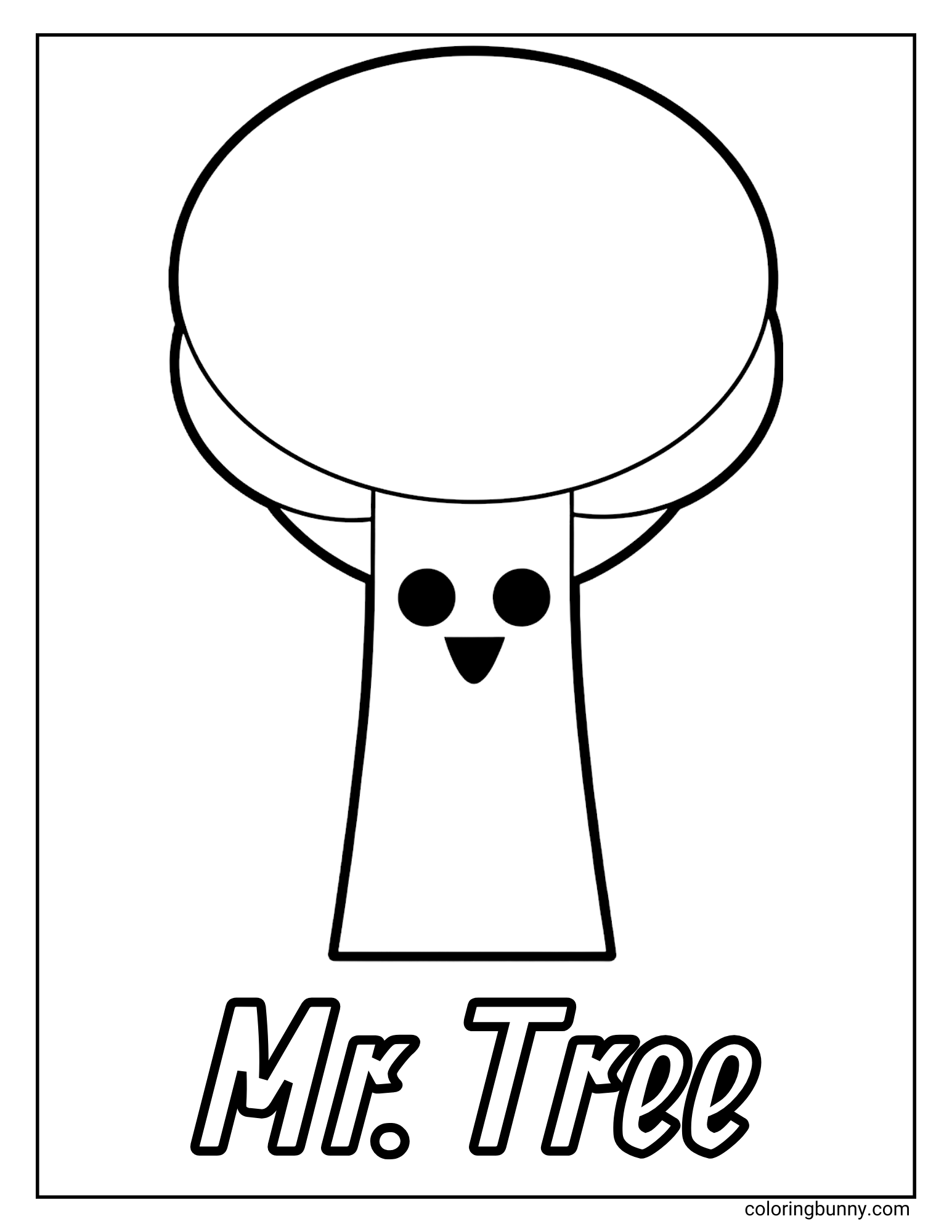 A simple coloring page of the Sprunki character named Mr. Tree. Mr. Tree is a cartoon figure shaped like a tree, with a happy, smiling face on its trunk. His name is written in large letters at the bottom of the page.
