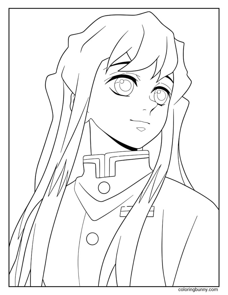 This coloring page design features Muichiro Tokito, the Mist Hashira from Demon Slayer: Kimetsu no Yaiba. He is shown gazing softly to the side with his long flowing hair and calm, thoughtful expression. Wearing the Demon Slayer Corps uniform, his serene look and delicate details capture the peaceful, dreamlike essence of his character. The clean black-and-white line art is ideal for creative coloring and soft shading.