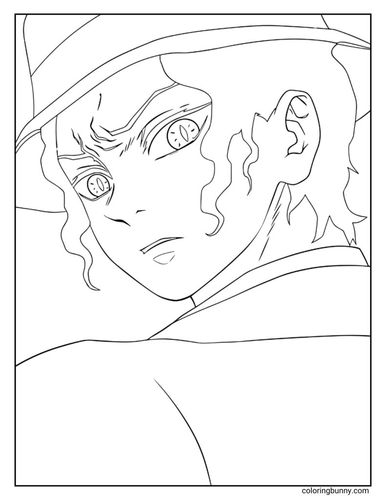 This coloring page features Muzan Kibutsuji from Demon Slayer: Kimetsu no Yaiba, depicted in his sharp human form wearing a stylish suit and fedora. His intense eyes and wavy hair frame a cold, commanding expression as he looks back over his shoulder, exuding mystery and menace through clean, detailed line art.