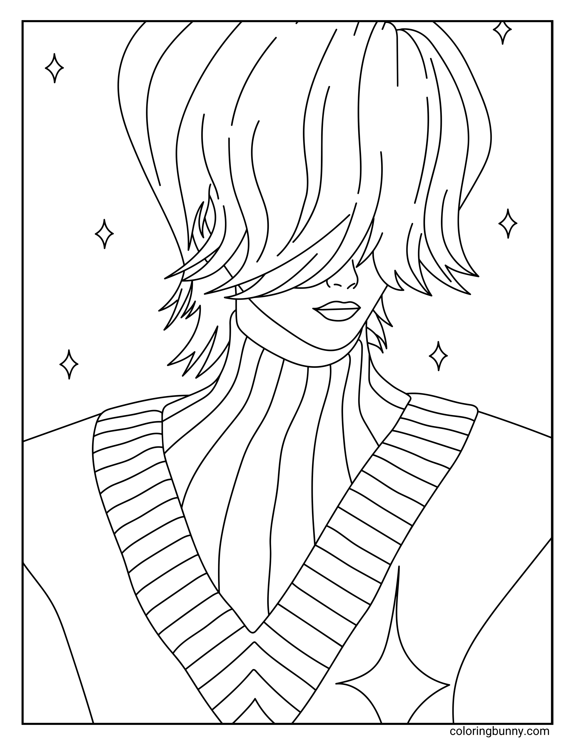 Coloring page of Mystery from KPop: Demon Hunters, showing a calm and enigmatic expression with long layered hair covering his eyes, wearing a ribbed sweater with a star emblem on the chest.