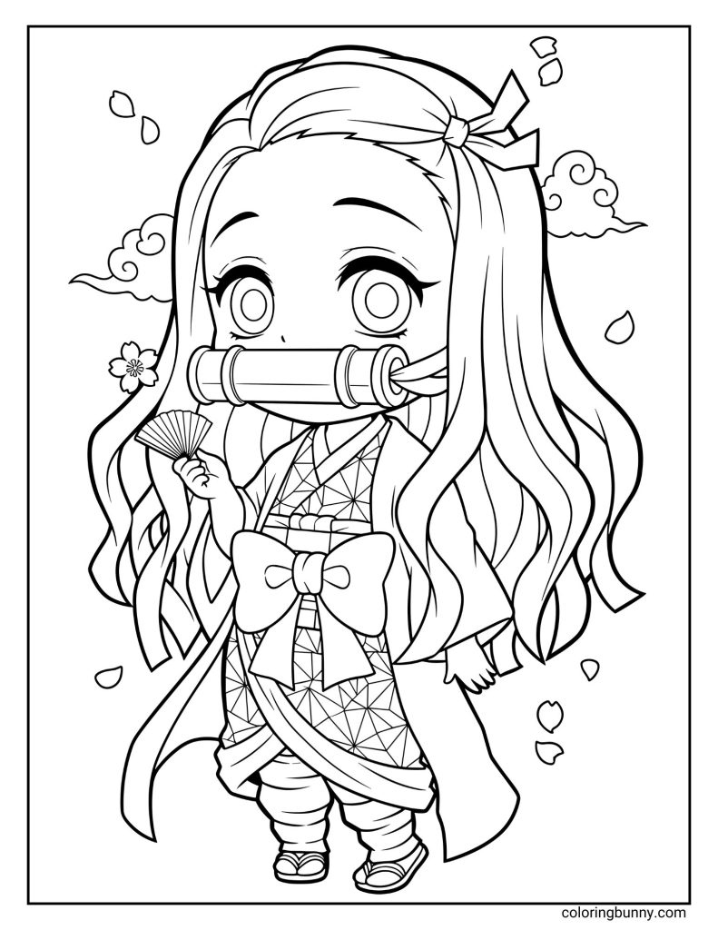 Adorable chibi-style coloring page of Nezuko Kamado from Demon Slayer, holding a small fan and wearing her signature kimono with a big bow and bamboo muzzle, surrounded by floating flower petals.