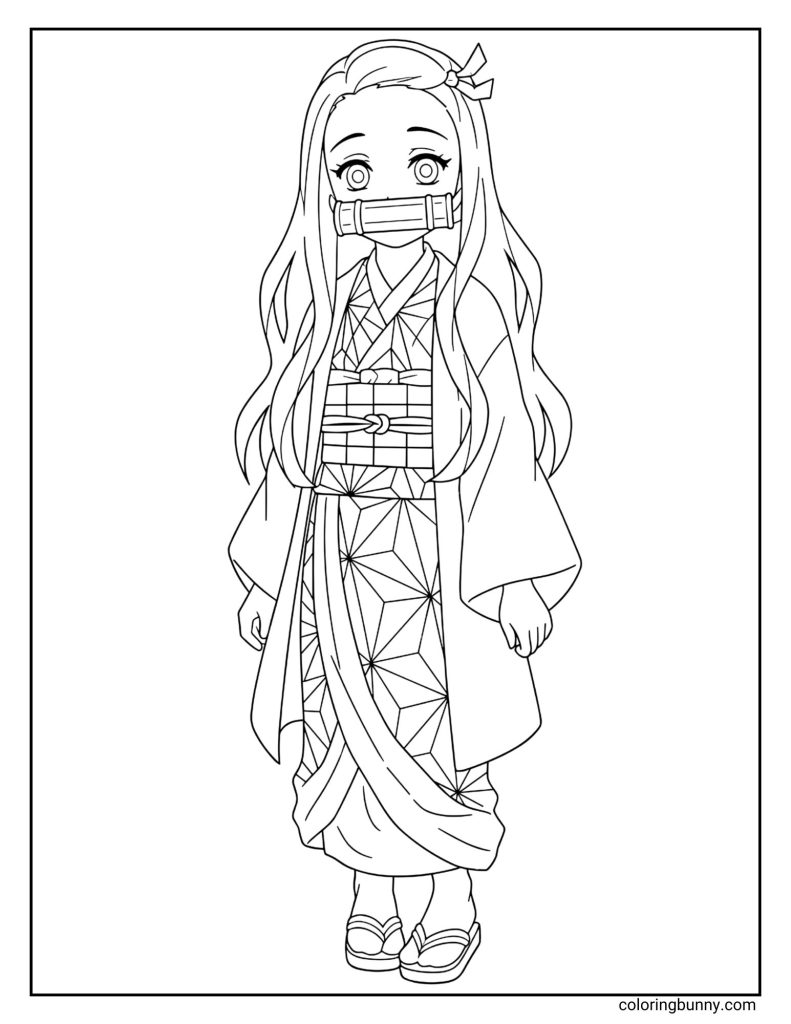 This coloring page design features Nezuko Kamado from Demon Slayer: Kimetsu no Yaiba in her elegant kimono with traditional geometric patterns, her bamboo muzzle, and flowing hair that captures her calm yet powerful presence.
