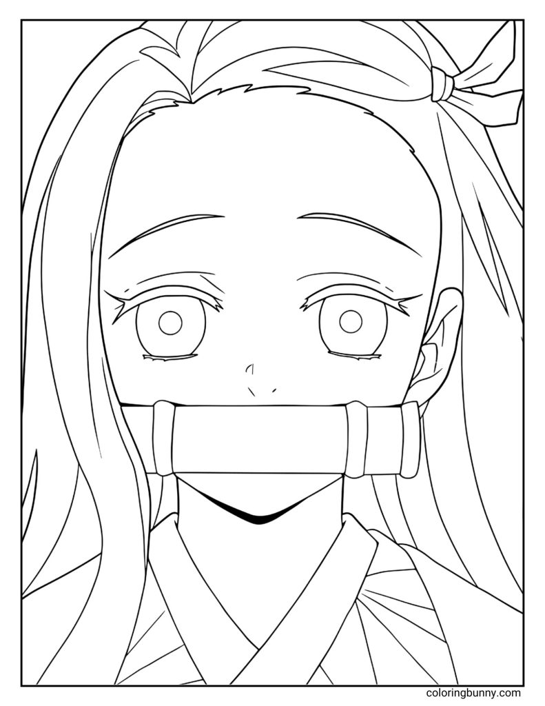 A close-up line drawing of Nezuko Kamado's face with her long flowing hair, gentle eyes, and signature bamboo muzzle, wearing her patterned kimono and ribbon in her hair.