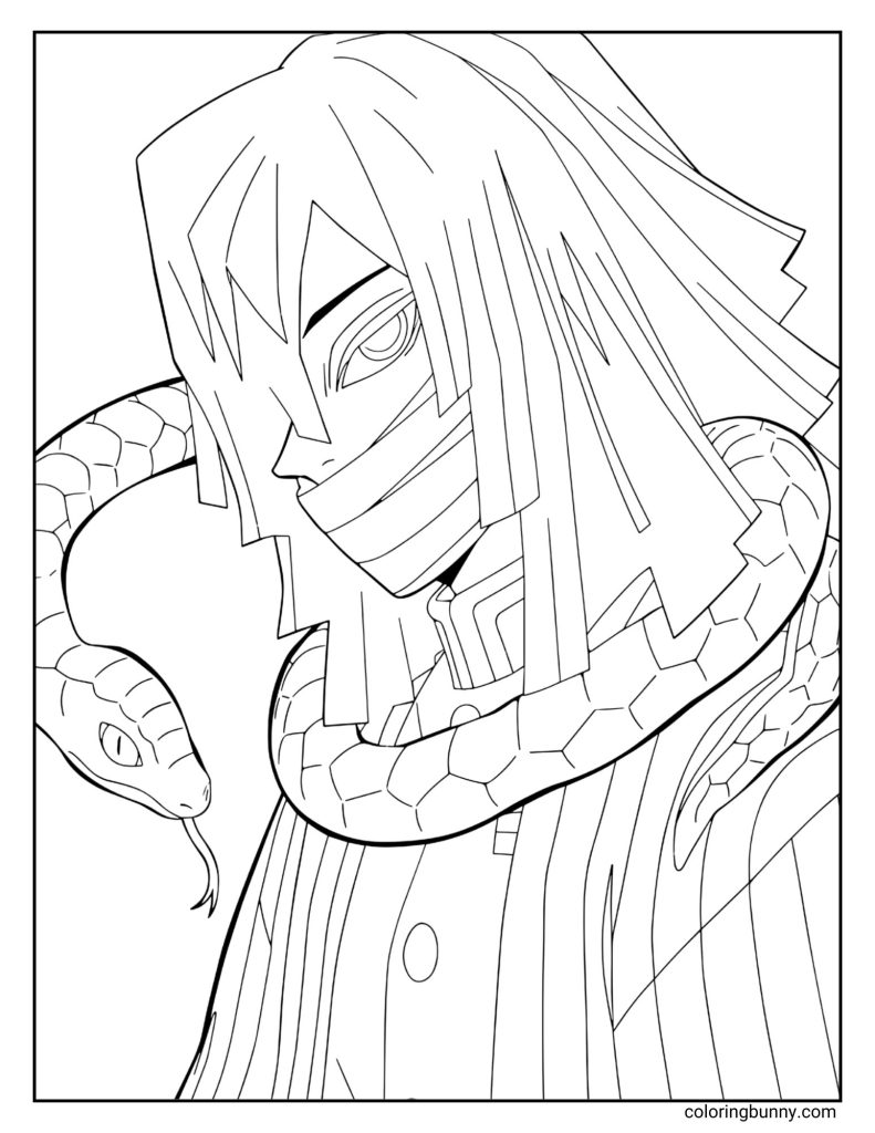 This coloring page features Obanai Iguro from Demon Slayer: Kimetsu no Yaiba, shown with his signature bandaged lower face and his snake, Kaburamaru, coiled around his shoulders. His sharp eyes and striped uniform are captured in detailed line art, reflecting his calm yet intimidating presence.
