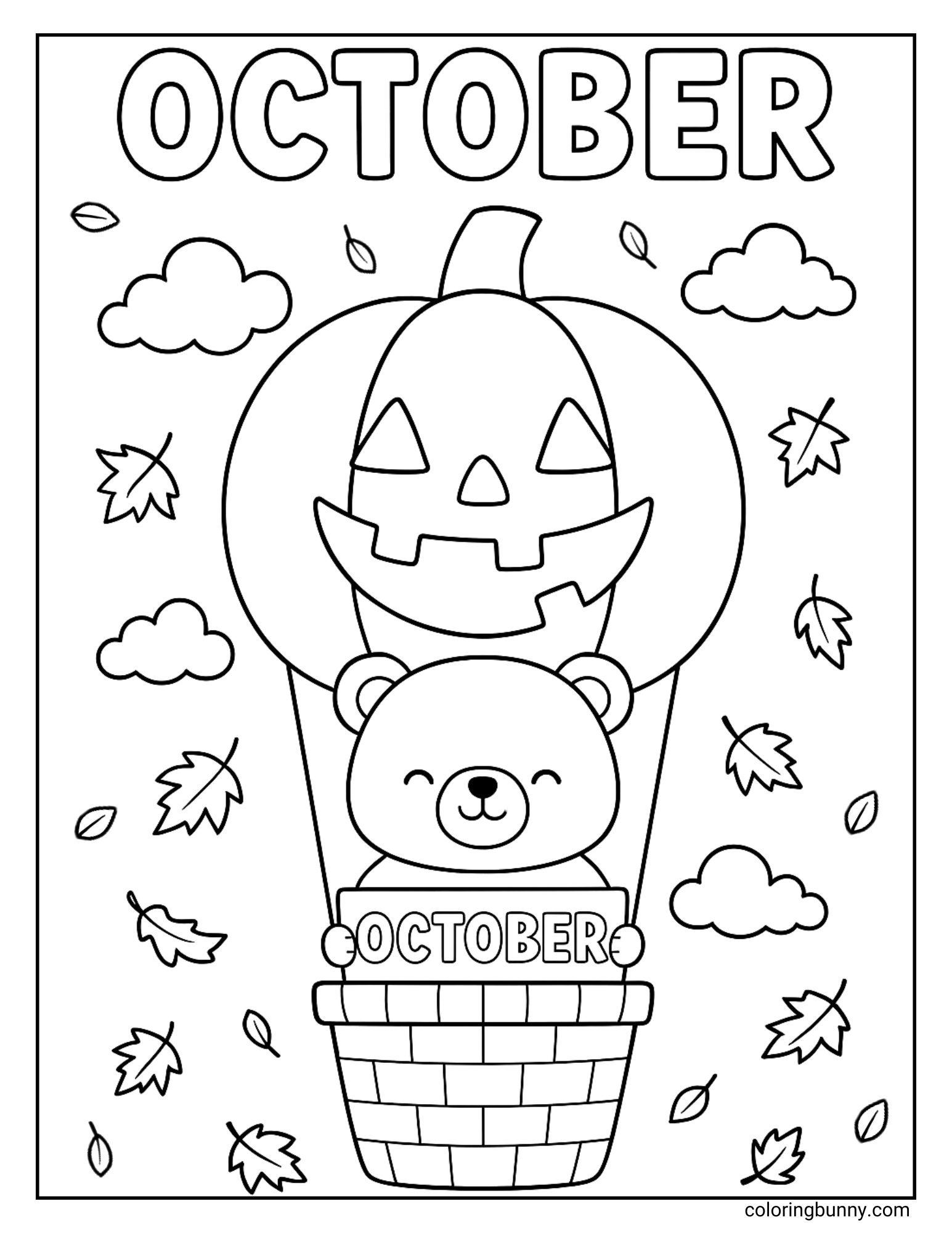 A black and white October coloring sheet for kids with the word 'October' at the top. The main image is a happy bear riding in a hot air balloon that is shaped like a giant jack-o'-lantern. The bear is smiling as he floats through the sky among the clouds and falling leaves.