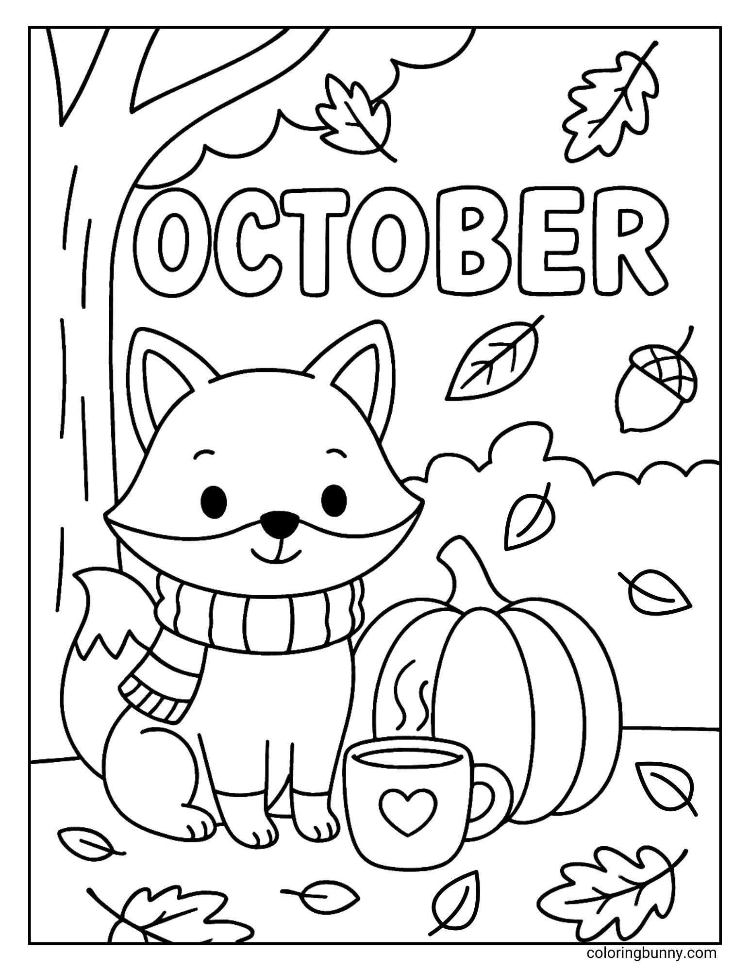 A cozy autumn coloring sheet with the word 'October' at the top. A cute fox wearing a scarf is sitting peacefully on the ground next to a large pumpkin and a steaming mug with a heart on it. Leaves are falling from a tree in the background.