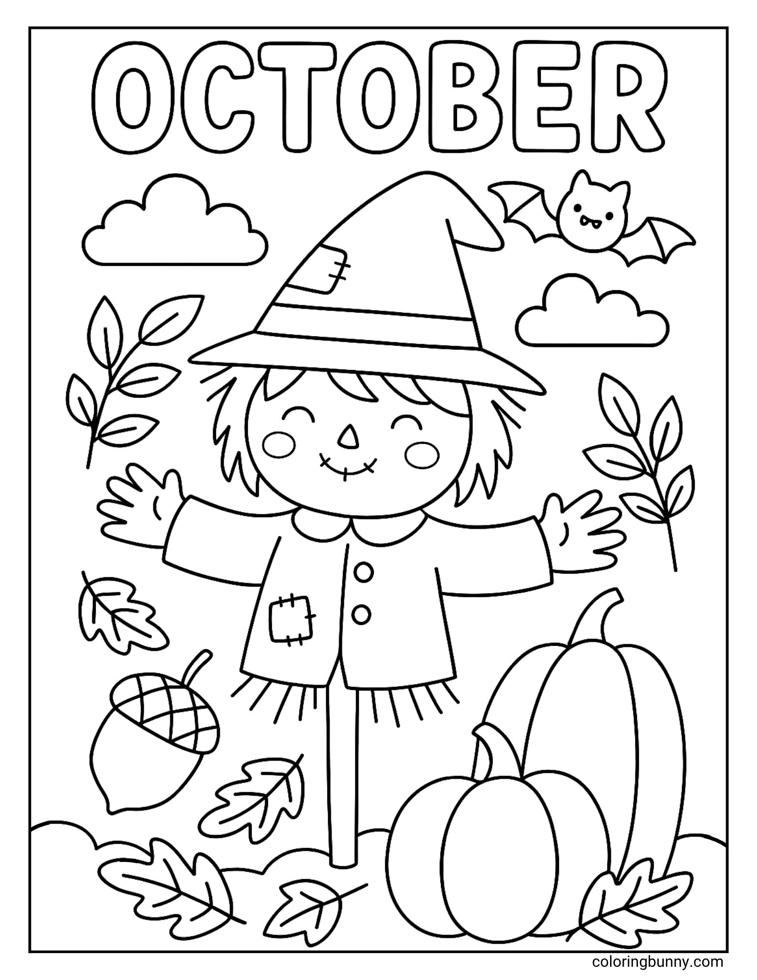 A charming coloring page of a friendly scarecrow celebrating October. The happy scarecrow has a stitched smile and is standing in a field with pumpkins and an acorn. A cute bat flies in the sky above, and the word 'October' is at the top.