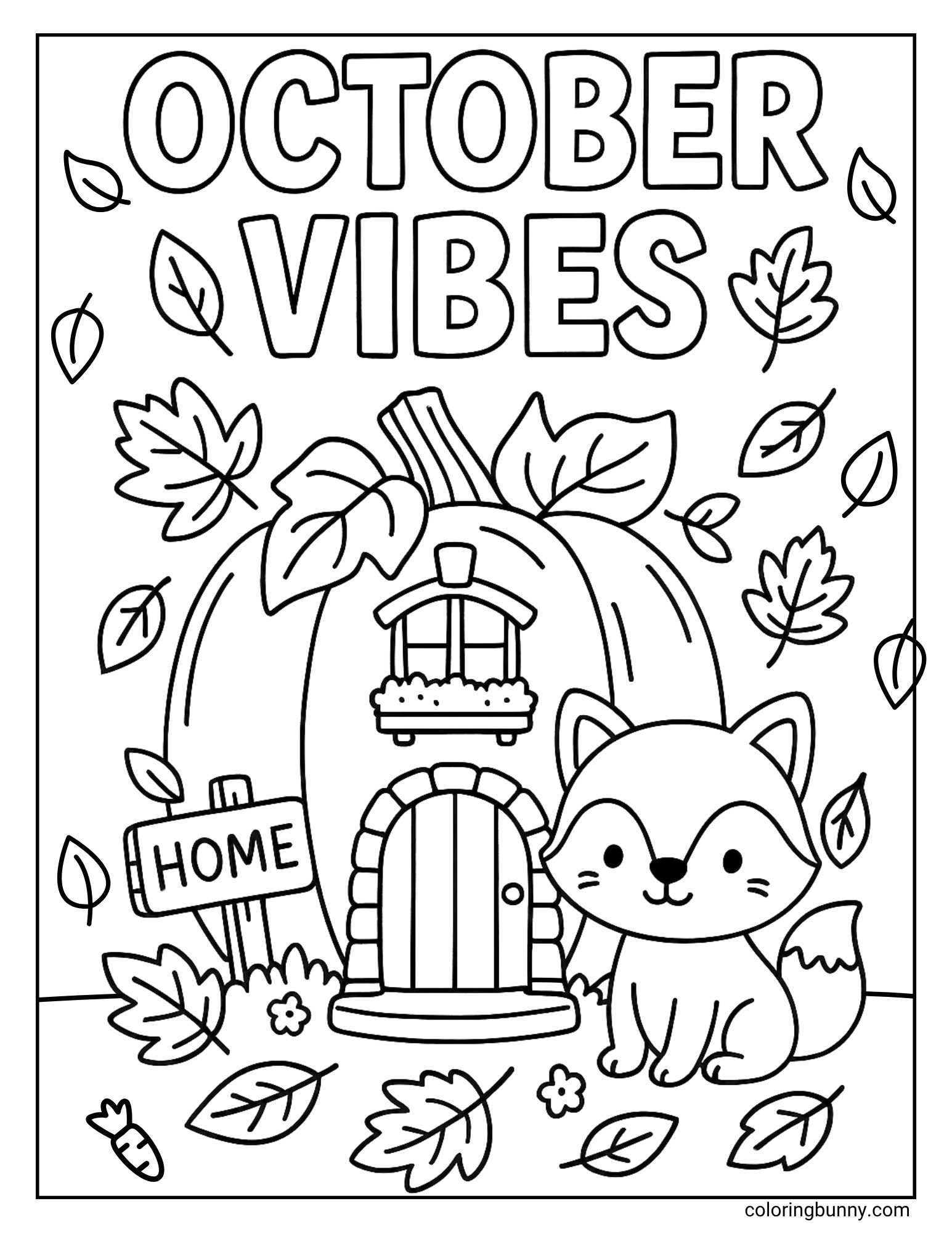 A cozy October coloring page of, featuring a cute fox sitting outside his home, which is a giant pumpkin. A small sign in the garden says 'HOME', and falling leaves surround the charming scene.