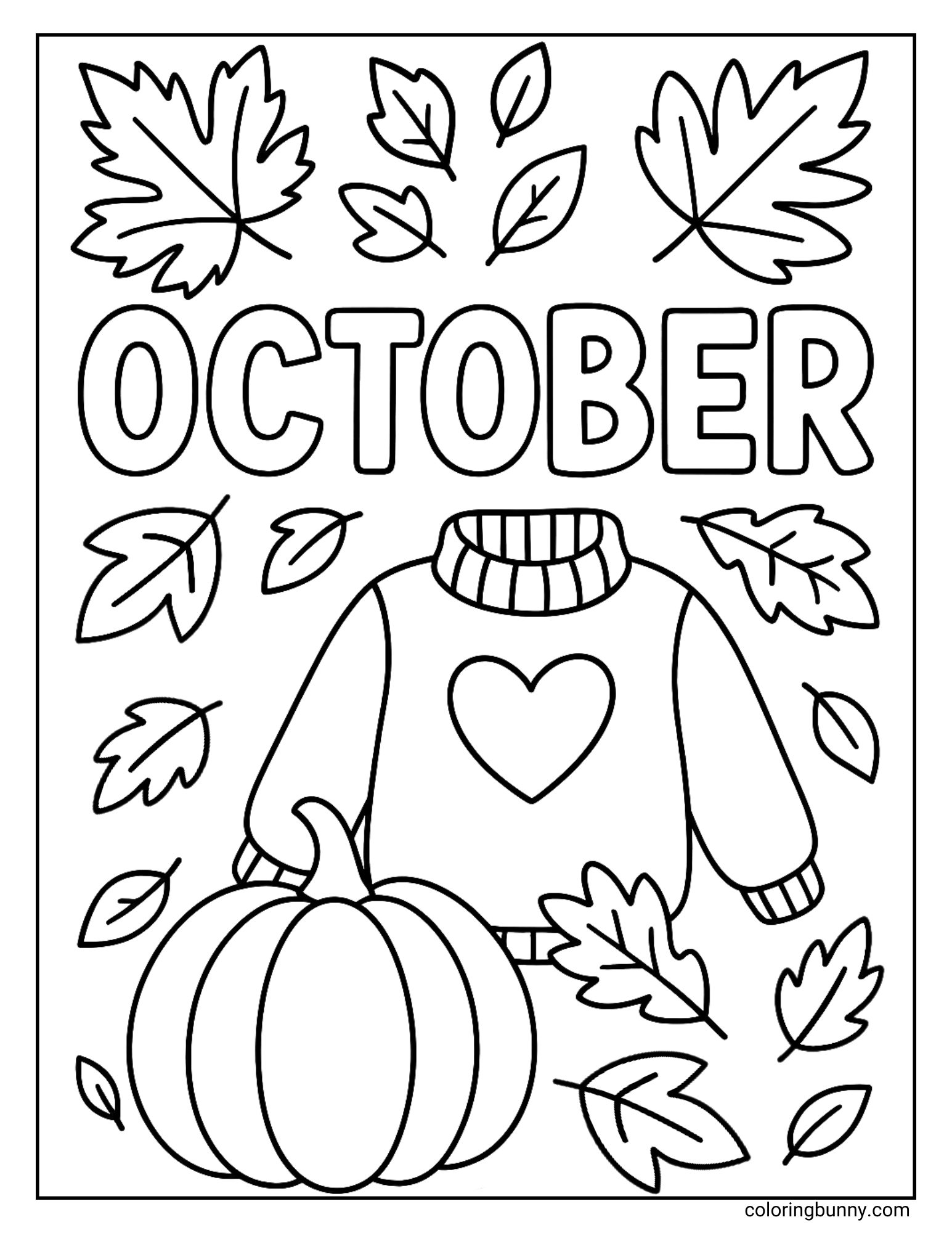 A cozy coloring sheet for the month of October. The word 'October' is at the top, above a large, comfortable-looking jumper that has a heart on it. The scene is completed by a pumpkin and many falling autumn leaves.