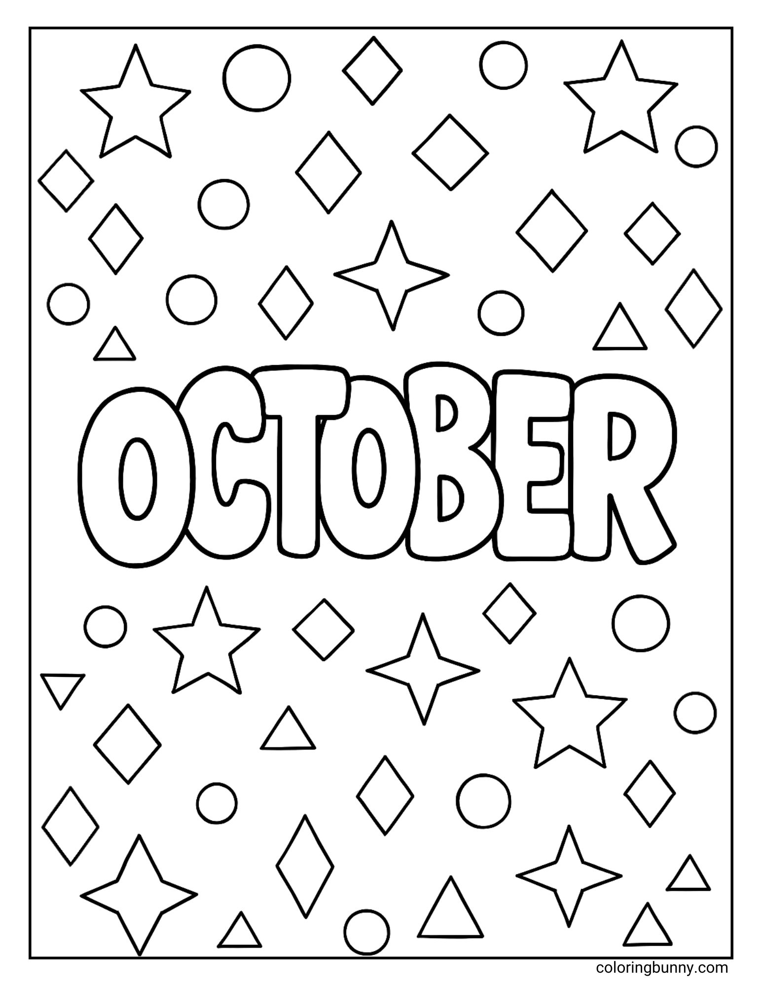 October coloring page with bold October letters surrounded by stars, circles, triangles, and diamonds, fun fall coloring sheet.