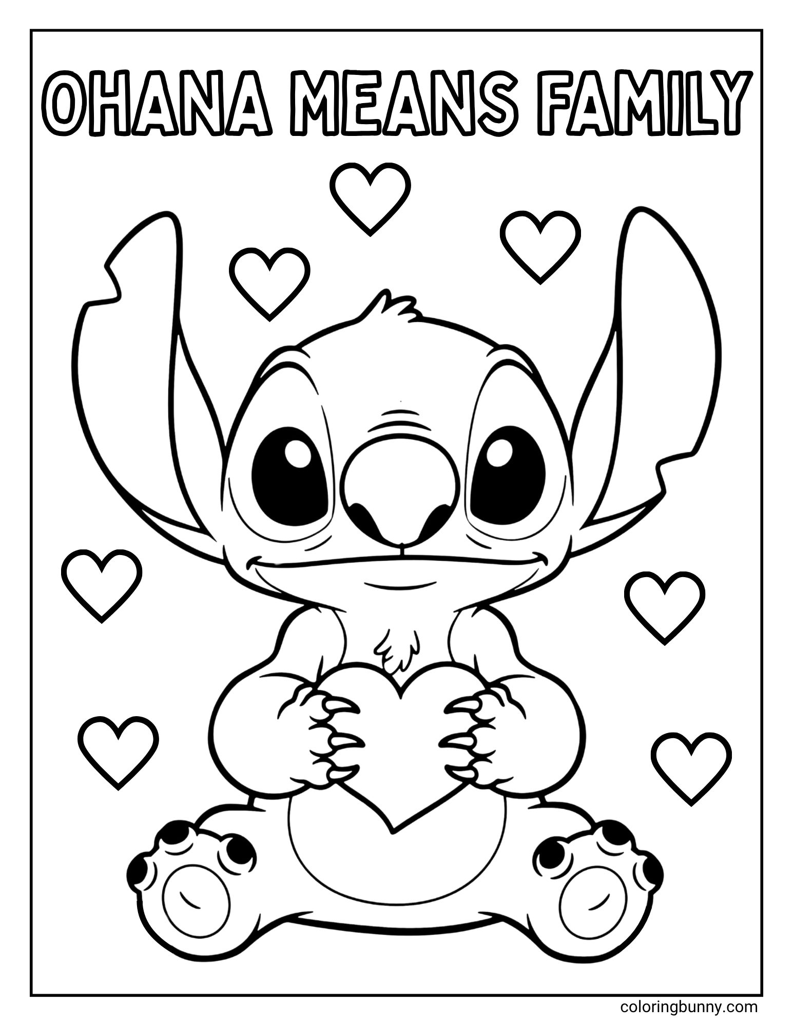 A Stitch coloring page of the Disney character Stitch sharing a message about family. He is sitting down with a sincere expression, holding a large heart. The background has more hearts and the famous quote "OHANA MEANS FAMILY" is written at the top.
