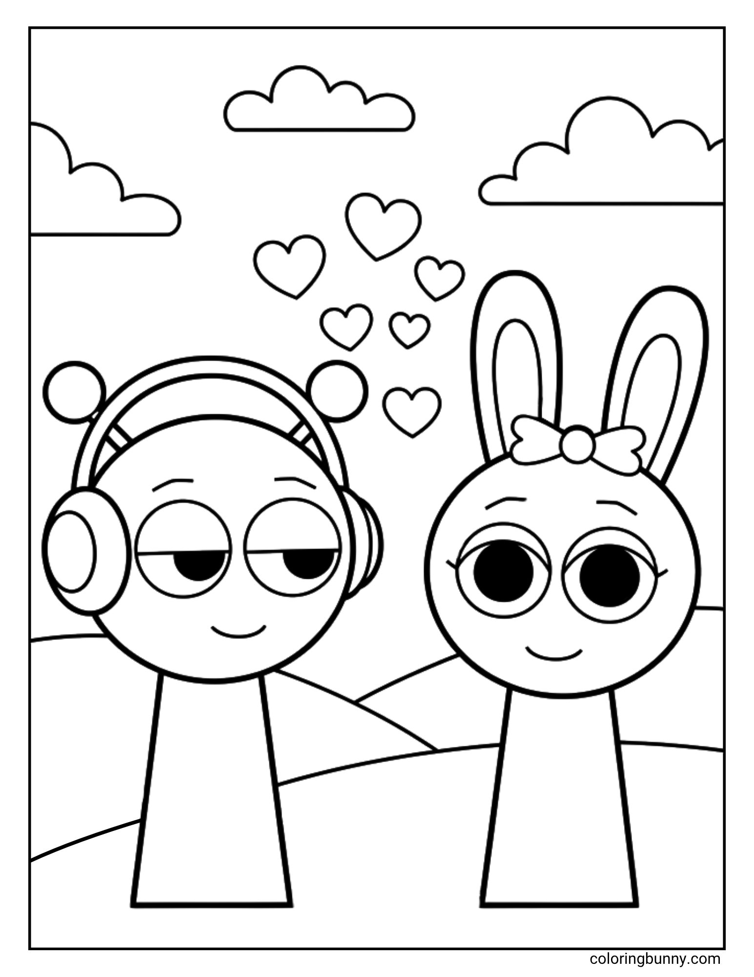 A Sprunki coloring page of two Sprunki characters, Oren and Pinki, in love. Oren, who is wearing headphones, is looking at Pinki the bunny, and a cluster of hearts is floating between them in the air. The scene is set in a simple landscape of hills and clouds.