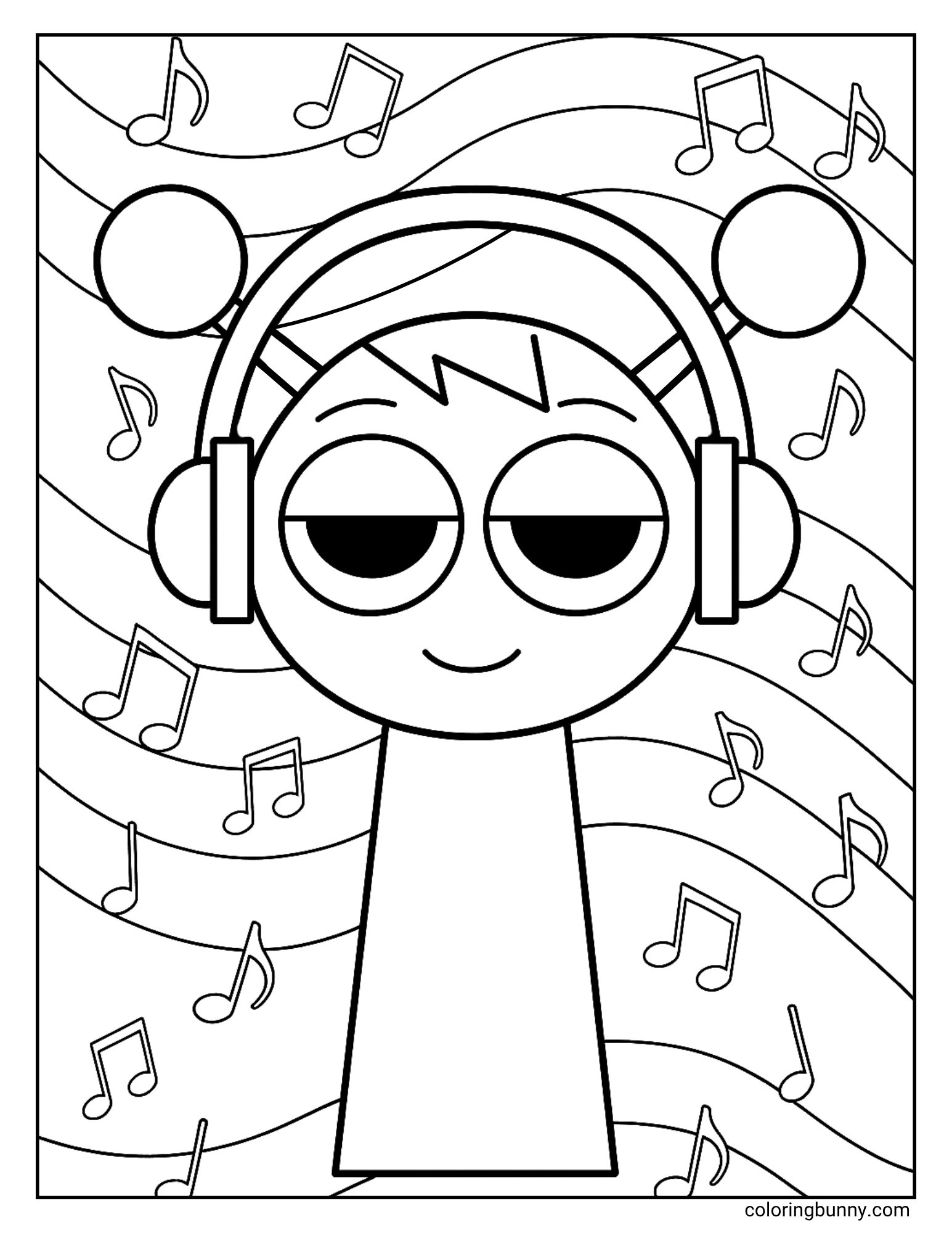 A Sprunki coloring page featuring Oren wearing headphones with round antennae surrounded by floating music notes and wavy background lines.