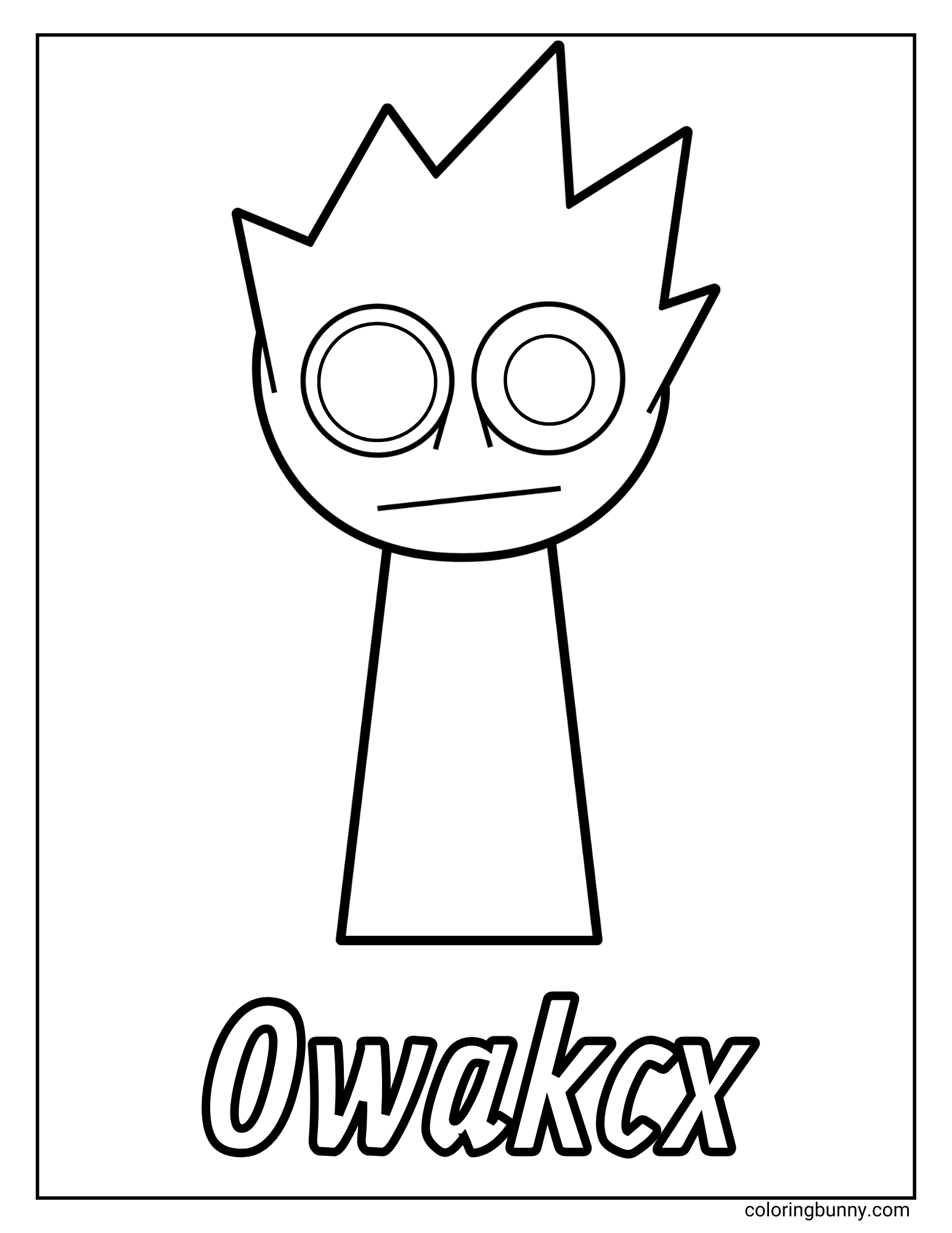 Simple Sprunki coloring page featuring Owakcx, a spiky-haired character with large circular eyes and a straight mouth, standing above the word “Owakcx” in bold text.