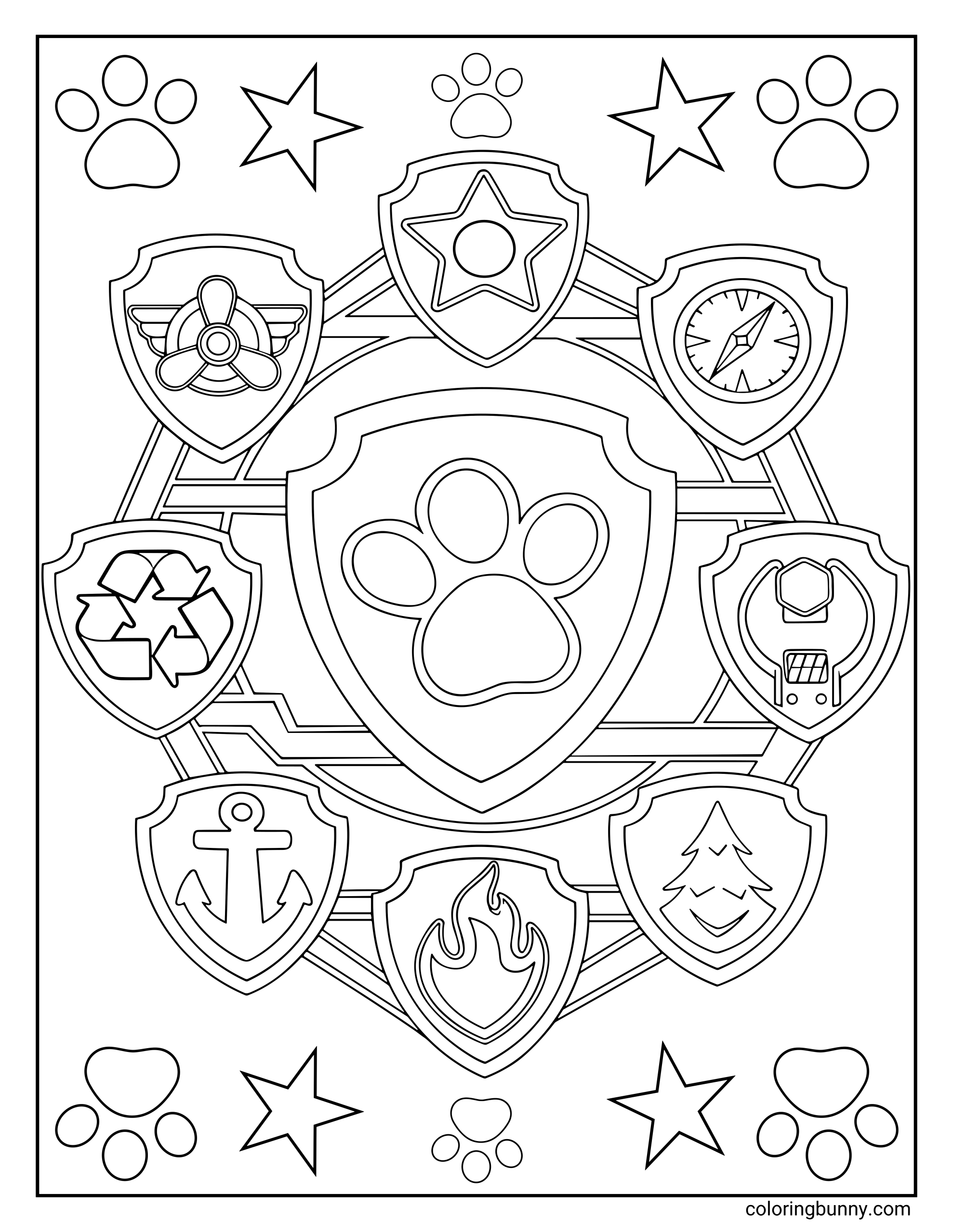 A Paw Patrol coloring page showing all the pups’ rescue badges arranged in a circular pattern. The central badge features a paw print, surrounded by badges with symbols like a fire flame, recycling sign, anchor, compass, and propeller. Stars and paw prints decorate the background.