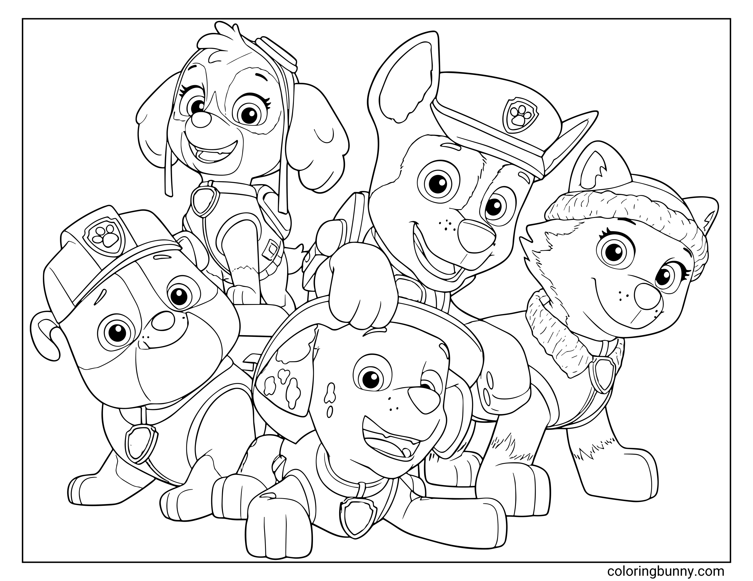 A Paw Patrol coloring page featuring five characters - Chase, Marshall, Rubble, Skye, and Everest - posing together happily. Each pup wears their signature rescue uniform and gear, ready for action and teamwork.
