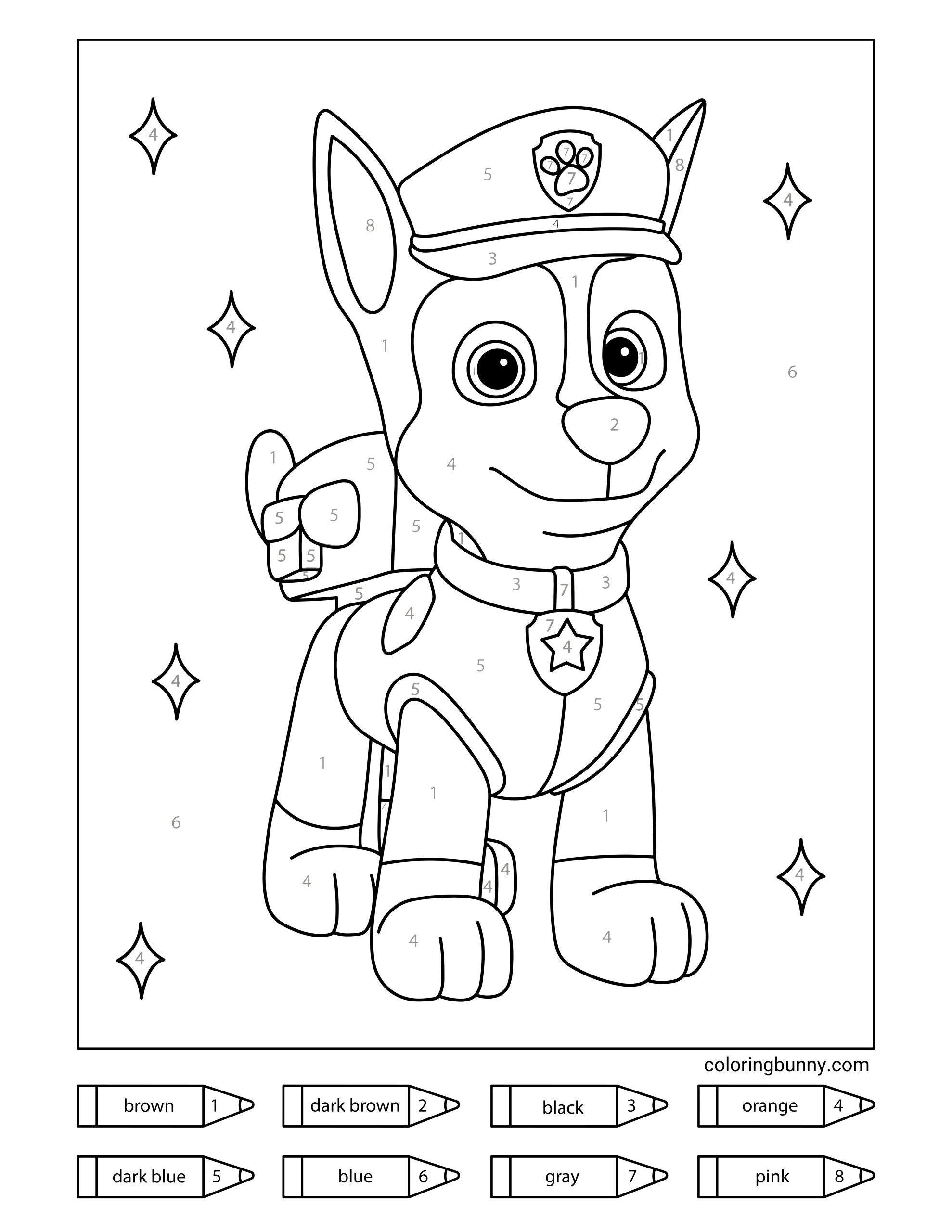 A PAW Patrol color-by-number coloring page featuring Chase standing proudly in his police uniform and hat. The drawing is divided into numbered sections that correspond to a color key at the bottom, including brown, dark brown, black, orange, dark blue, blue, gray, and pink. Sparkling star shapes surround Chase.