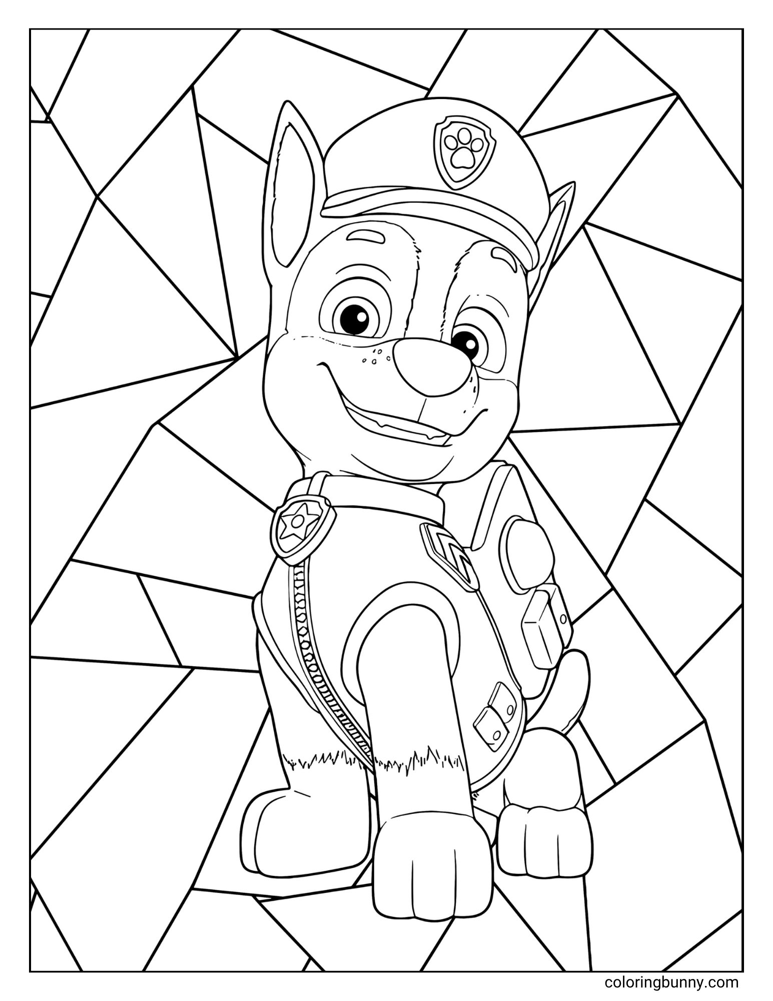 A coloring page of the character Chase from Paw Patrol. The German Shepherd police pup is sitting alertly in his uniform, smiling. The background is a geometric pattern of intersecting lines.